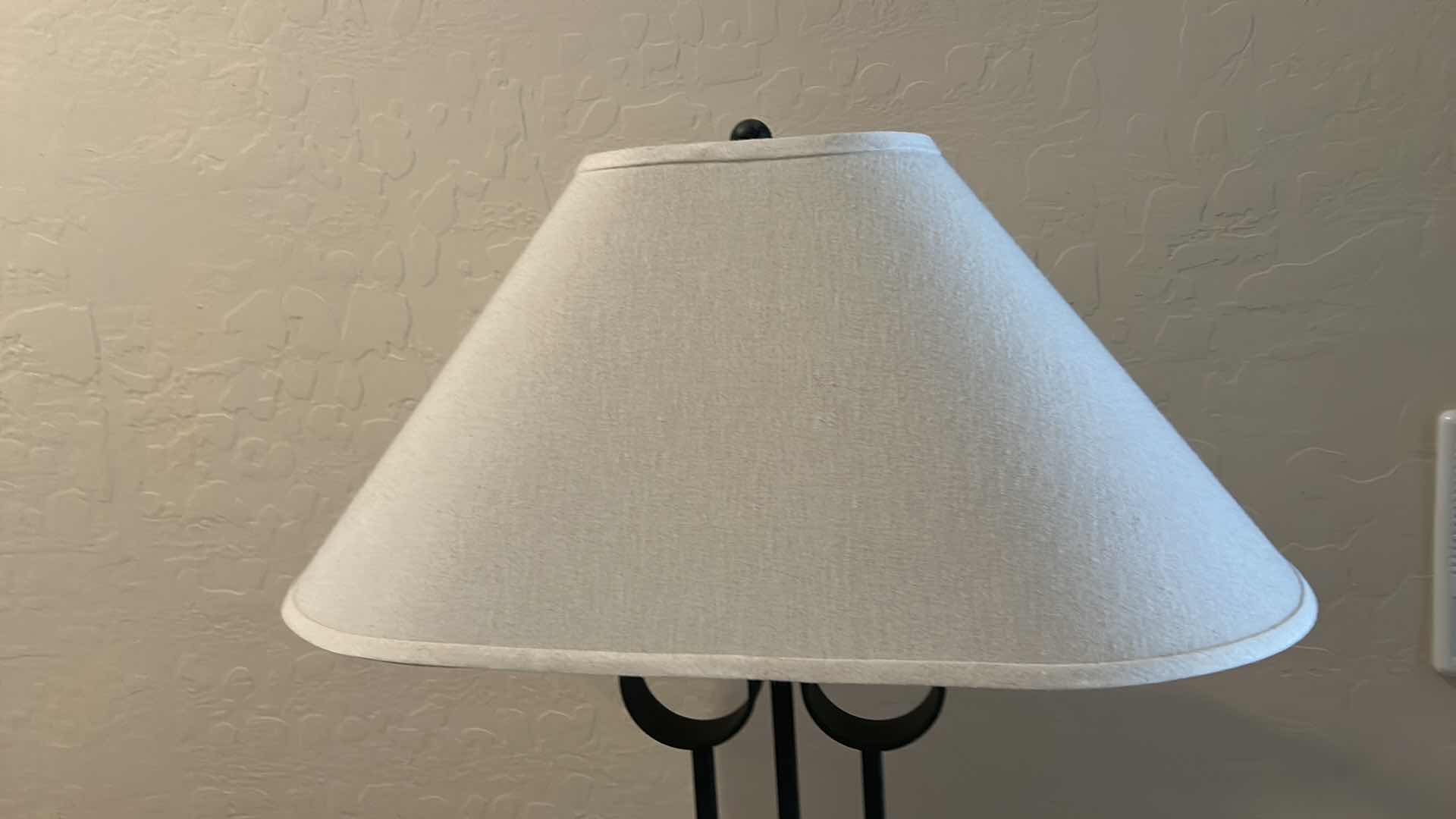 Photo 1 of MODERN METAL TABLE LAMP WITH GEOMETRIC SCROLL DESIGN AND FABRIC SHADE H30”