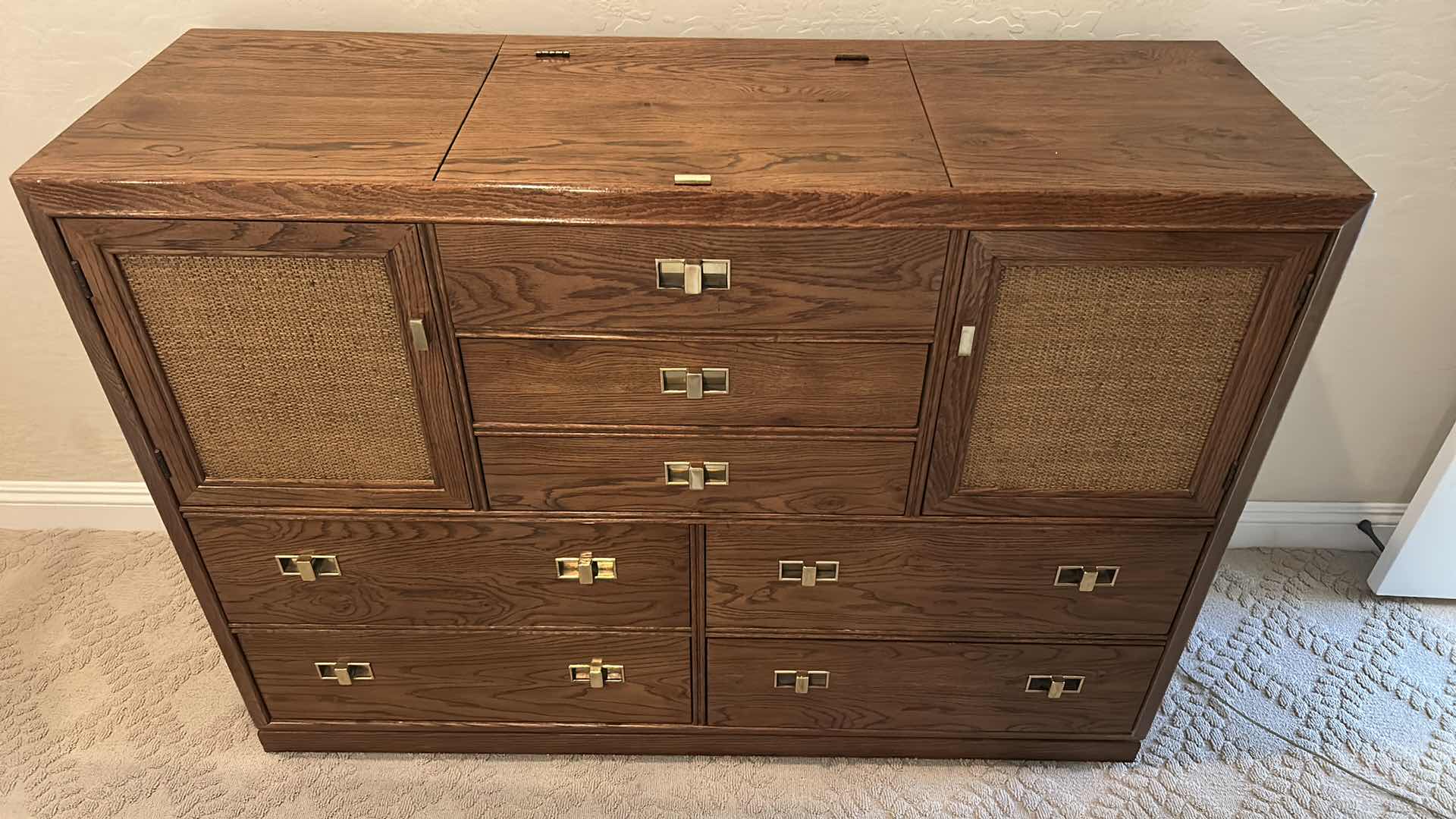 Photo 1 of VINTAGE THOMASVILLE MID-CENTURY MODERN CAMPAIGN-STYLE WALNUT CREDENZA WITH BRASS RECESSED PULLS AND WOVEN CANE DOOR PANELS 56“ x 19“ x H40 1/2“