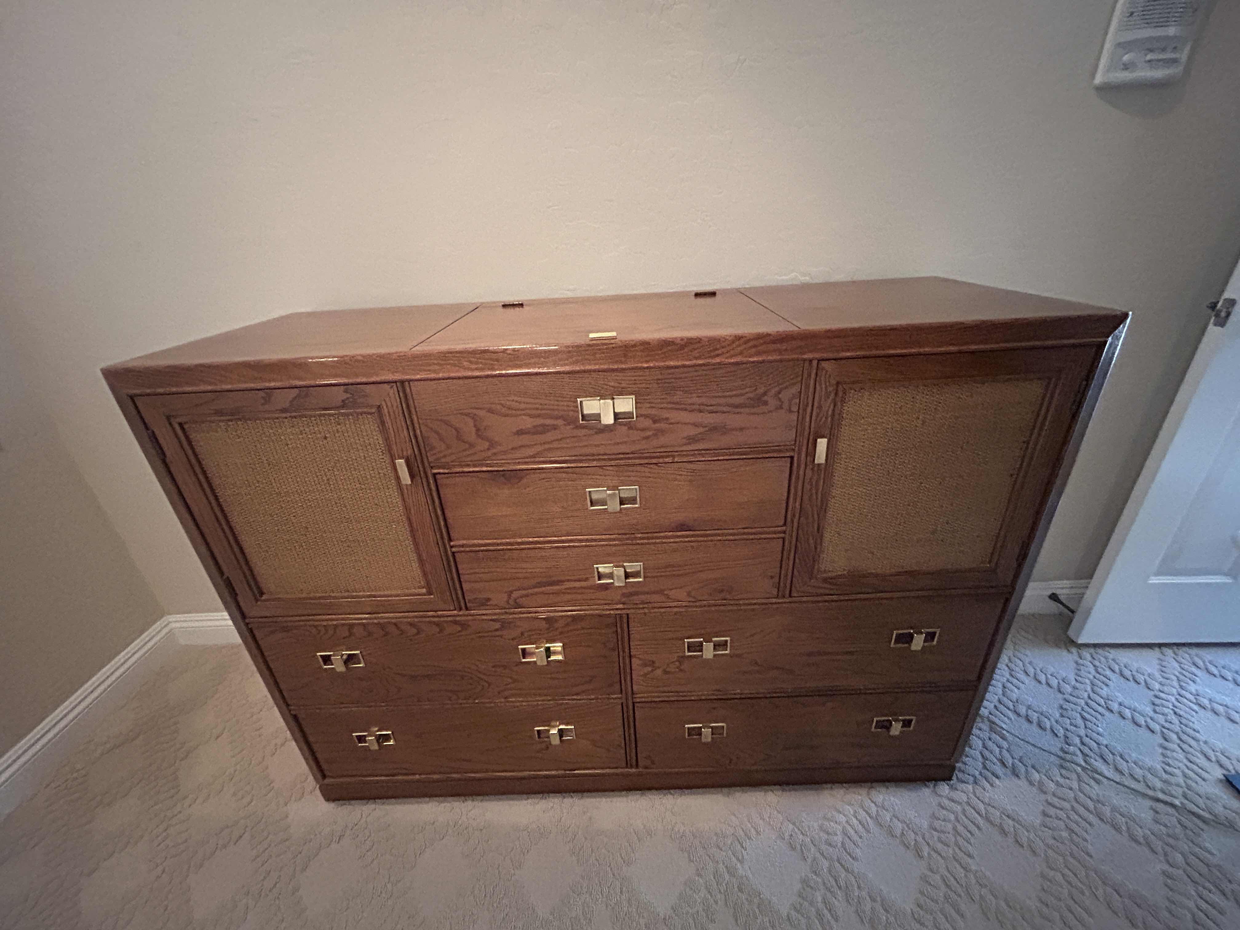 Photo 1 of VINTAGE THOMASVILLE MID-CENTURY MODERN CAMPAIGN-STYLE WALNUT CREDENZA WITH BRASS RECESSED PULLS AND WOVEN CANE DOOR PANELS 56“ x 19“ x H40 1/2“