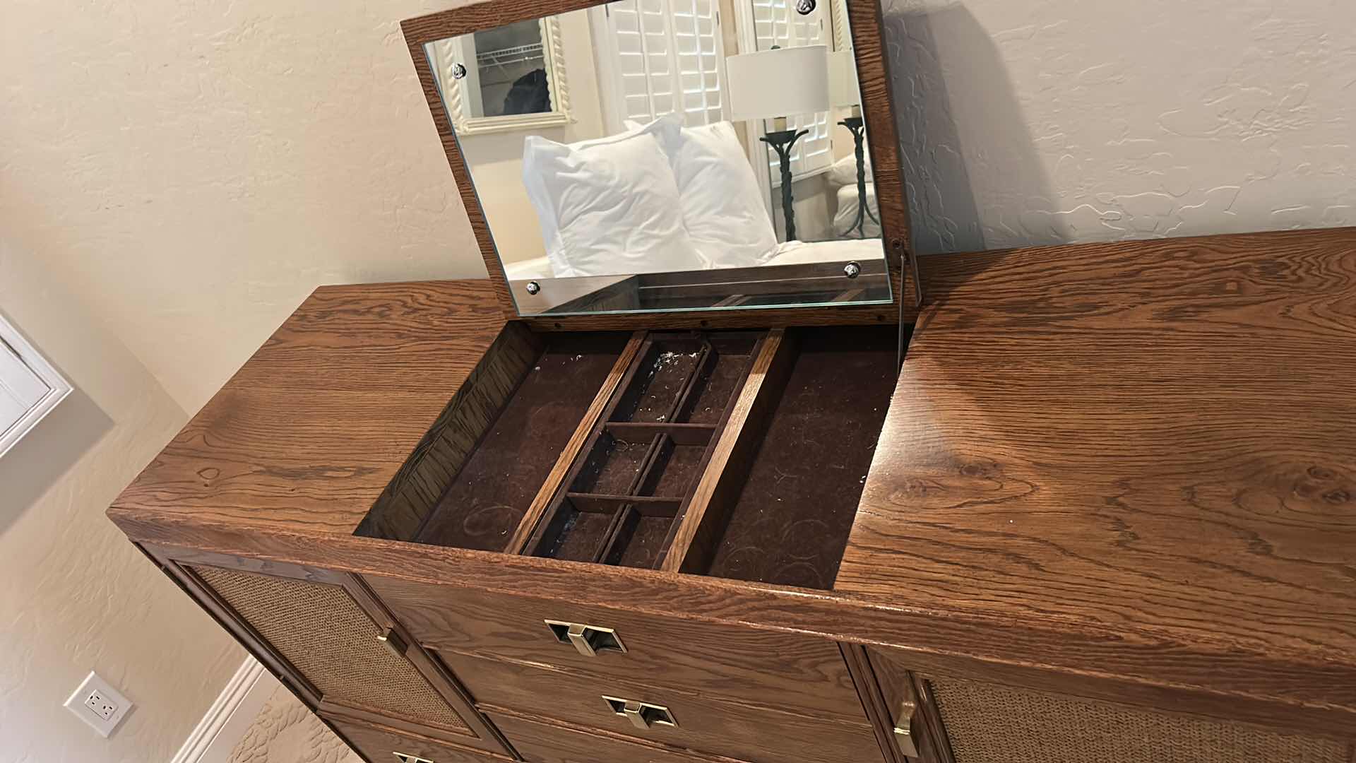 Photo 1 of VINTAGE THOMASVILLE MID-CENTURY MODERN CAMPAIGN-STYLE WALNUT CREDENZA WITH BRASS RECESSED PULLS AND WOVEN CANE DOOR PANELS 56“ x 19“ x H40 1/2“