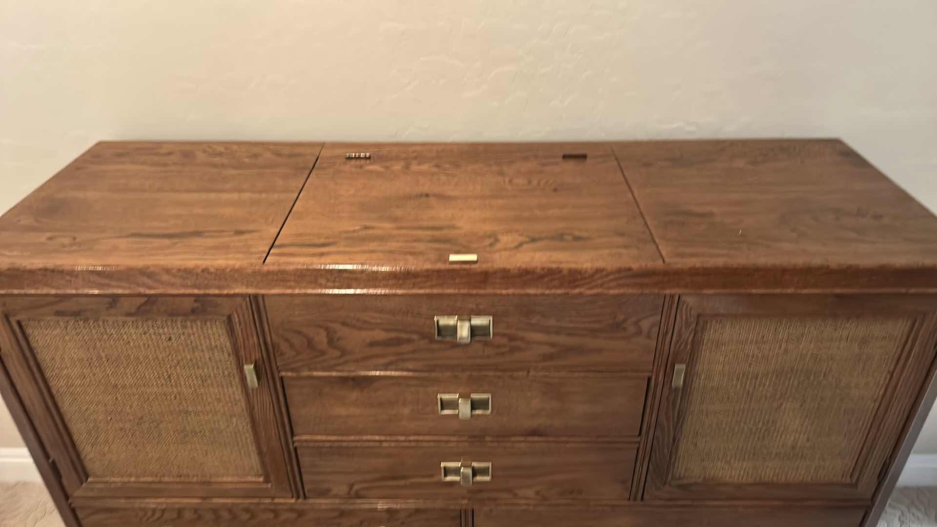 Photo 1 of VINTAGE THOMASVILLE MID-CENTURY MODERN CAMPAIGN-STYLE WALNUT CREDENZA WITH BRASS RECESSED PULLS AND WOVEN CANE DOOR PANELS 56“ x 19“ x H40 1/2“