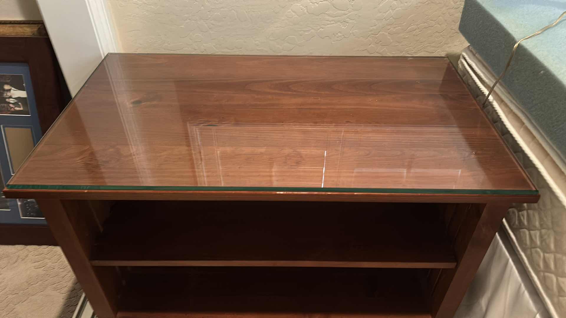 Photo 1 of CHERRYWOOD OPEN SHELF SIDE TABLE W GLASS PROTECTIVE TOP  35” x 19.75”  H23 1/2”