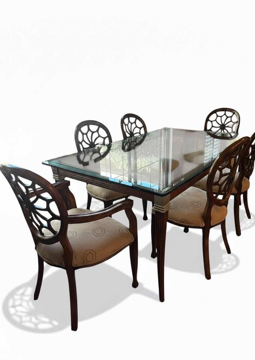 Photo 1 of TRADITIONAL STYLE RECTANGULAR GLASS TOP WOODEN TABLE 72" X 42" H 31" CHAIRS SOLD SEPARATELY