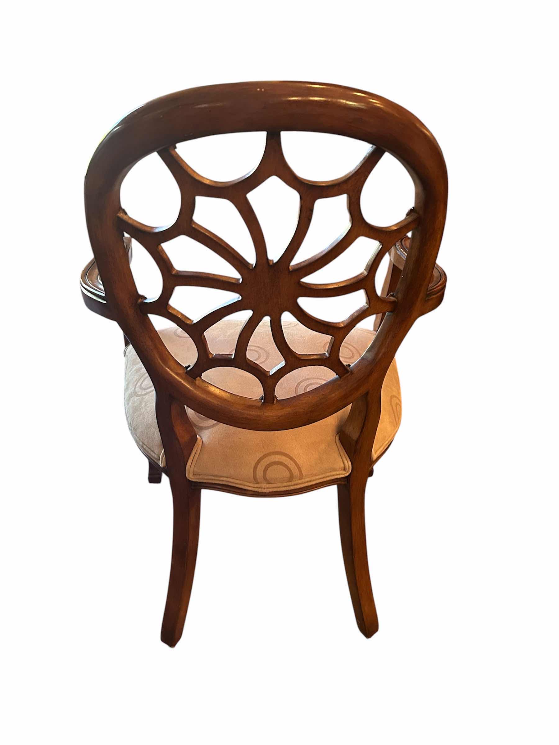 Photo 1 of SPIDER BACK WOOD ARM CHAIR W ORNATE WEB LIKE PIERCED OVAL AND MICROFIBER CUSHION BY SIGLA FURNITURE