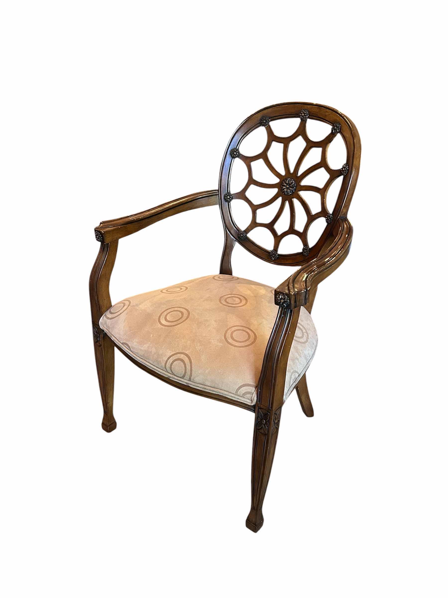 Photo 1 of SPIDER BACK WOOD ARM CHAIR W ORNATE WEB LIKE PIERCED OVAL AND MICROFIBER CUSHION BY SIGLA FURNITURE
