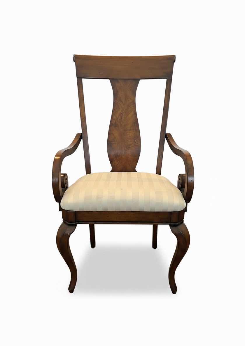Photo 1 of MAHOGANY QUEEN ANNE ARM CHAIR W OFF WHITE STRIPED UPHOLSTERED SEATS