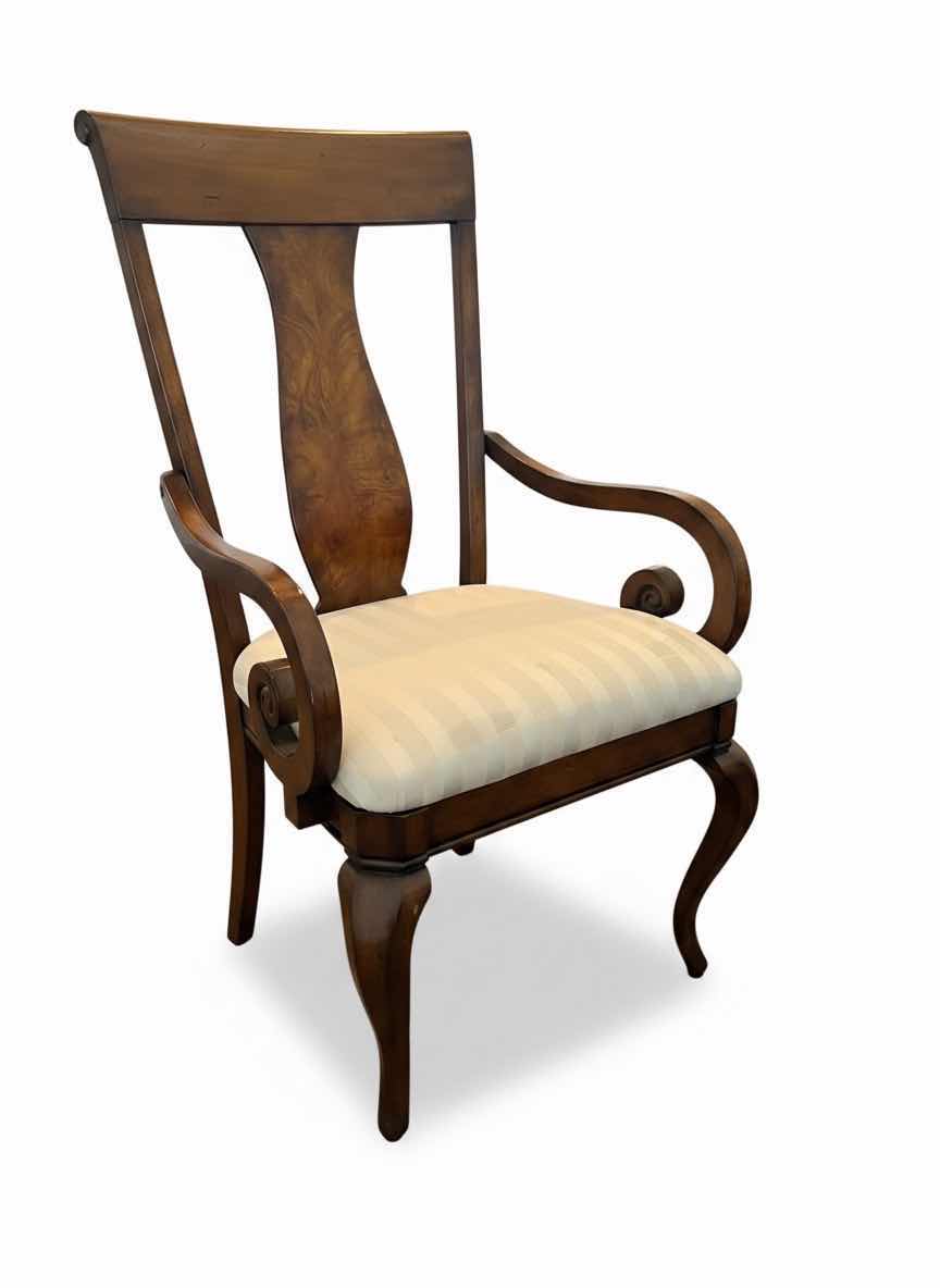 Photo 1 of MAHOGANY QUEEN ANNE ARM CHAIR W OFF WHITE STRIPED UPHOLSTERED SEATS