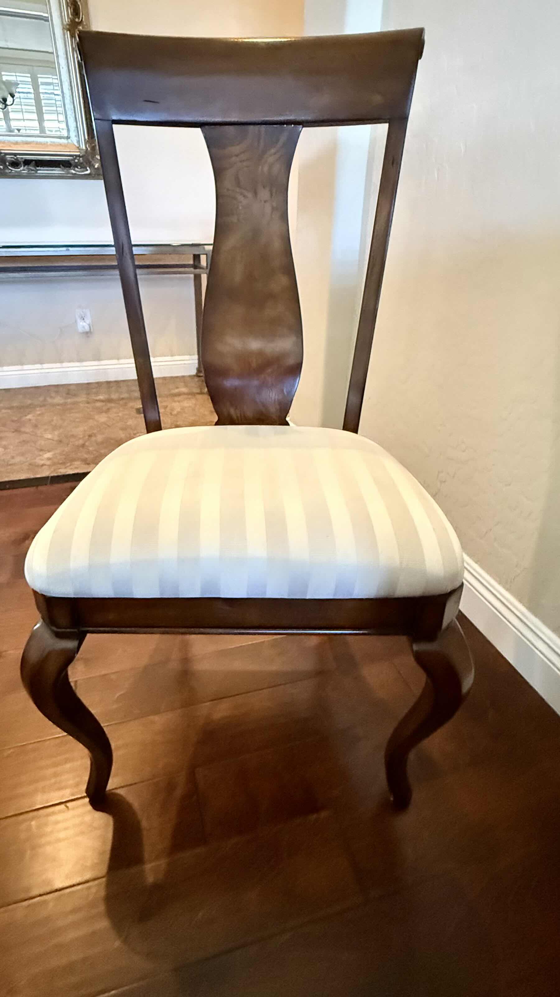 Photo 1 of MAHOGANY QUEEN ANNE SIDE CHAIR W OFF WHITE STRIPED UPHOLSTERED SEATS