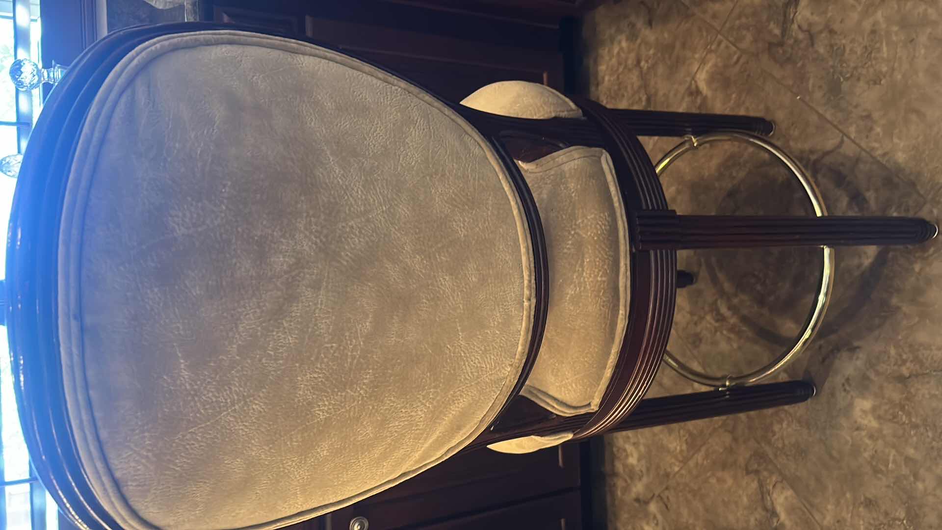 Photo 1 of ARIA SWIVEL BAR STOOL W CARVED WOOD FRAME & UPHOLSTERED CUSHION SEAT H 25"