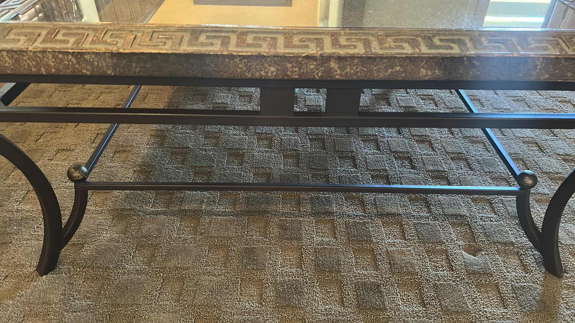 Photo 1 of TEXTURED BORDER W GREEK KEY FRETWORK PATTERN & GLASS INLAY TOP COFFE TABLE 
47"X 47" H 18"