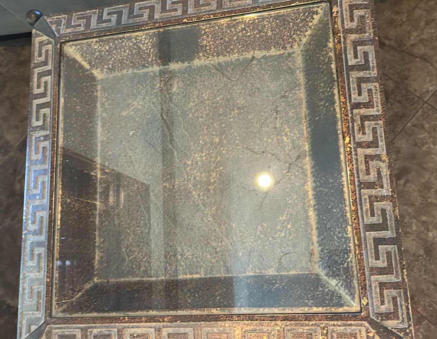 Photo 1 of TEXTURED BORDER W GREEK KEY FRETWORK PATTERN & GLASS INLAY TOP SIDE TABLE 27" X 26" H 27" $