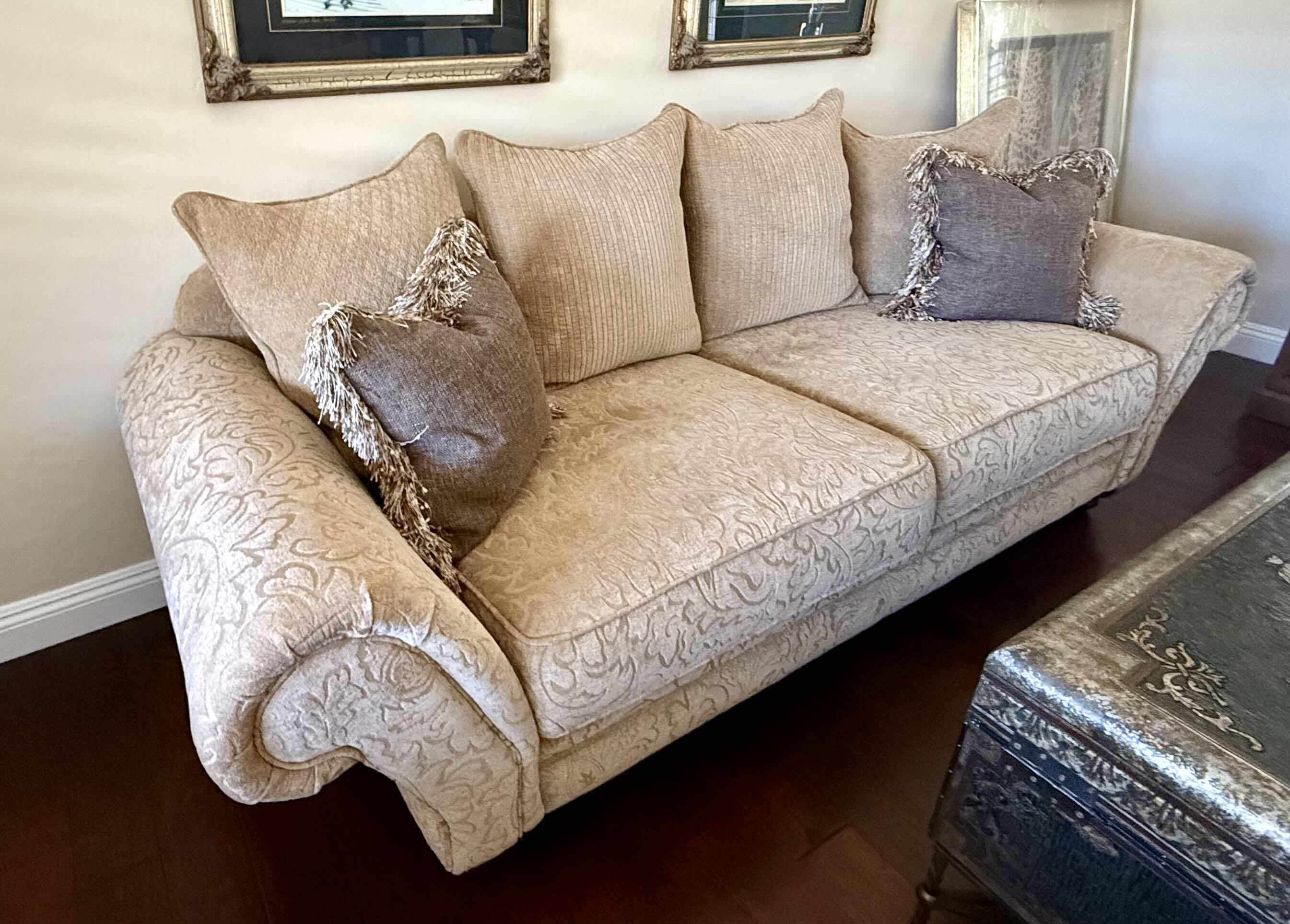 Photo 1 of 8’ BEIGE CHENILLE W FLORAL DEMADK UPHOLSTERED SOFA W 2 ACCENT PILLOWS