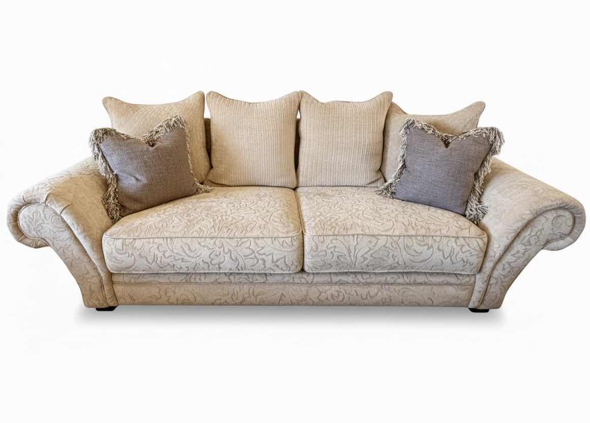 Photo 1 of 8’ BEIGE CHENILLE W FLORAL DEMADK UPHOLSTERED SOFA W 2 ACCENT PILLOWS