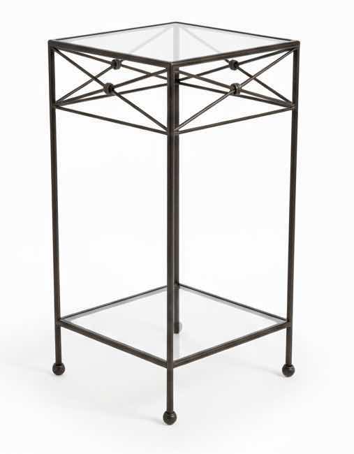 Photo 1 of METAL ACCENT TABLE WITH GLASS SHELVES AND GEOMETRIC FRAME DESIGN 12” x H28 1/2”
