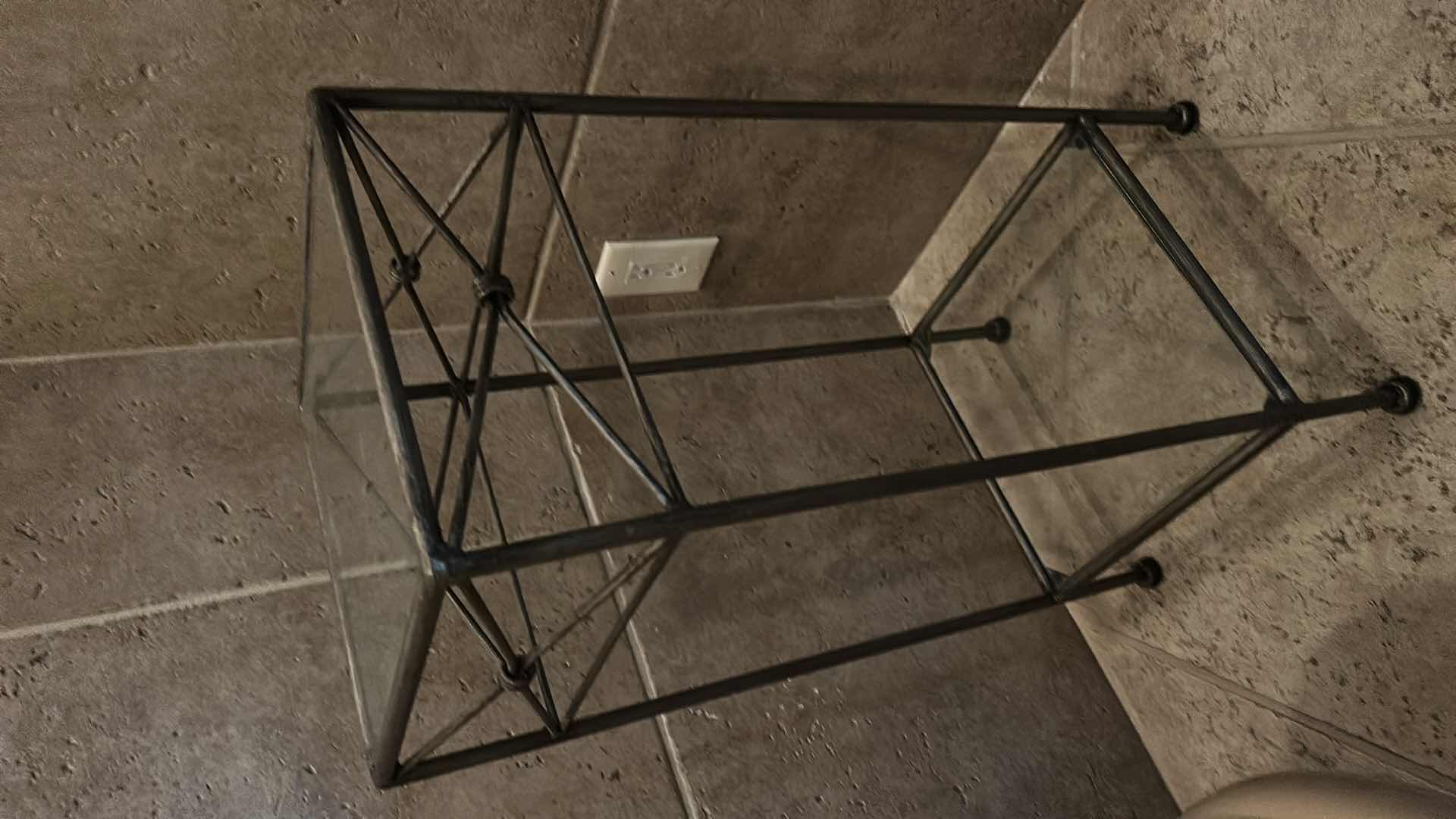 Photo 1 of METAL ACCENT TABLE WITH GLASS SHELVES AND GEOMETRIC FRAME DESIGN 12” x H28 1/2”