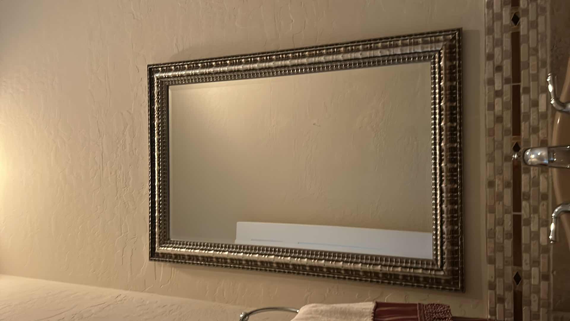 Photo 1 of WOOD RECTANGULAR WALL MIRROR WITH DISTRESSED METALLIC FRAME AND BEVELED GLASS  25“ x H37“
