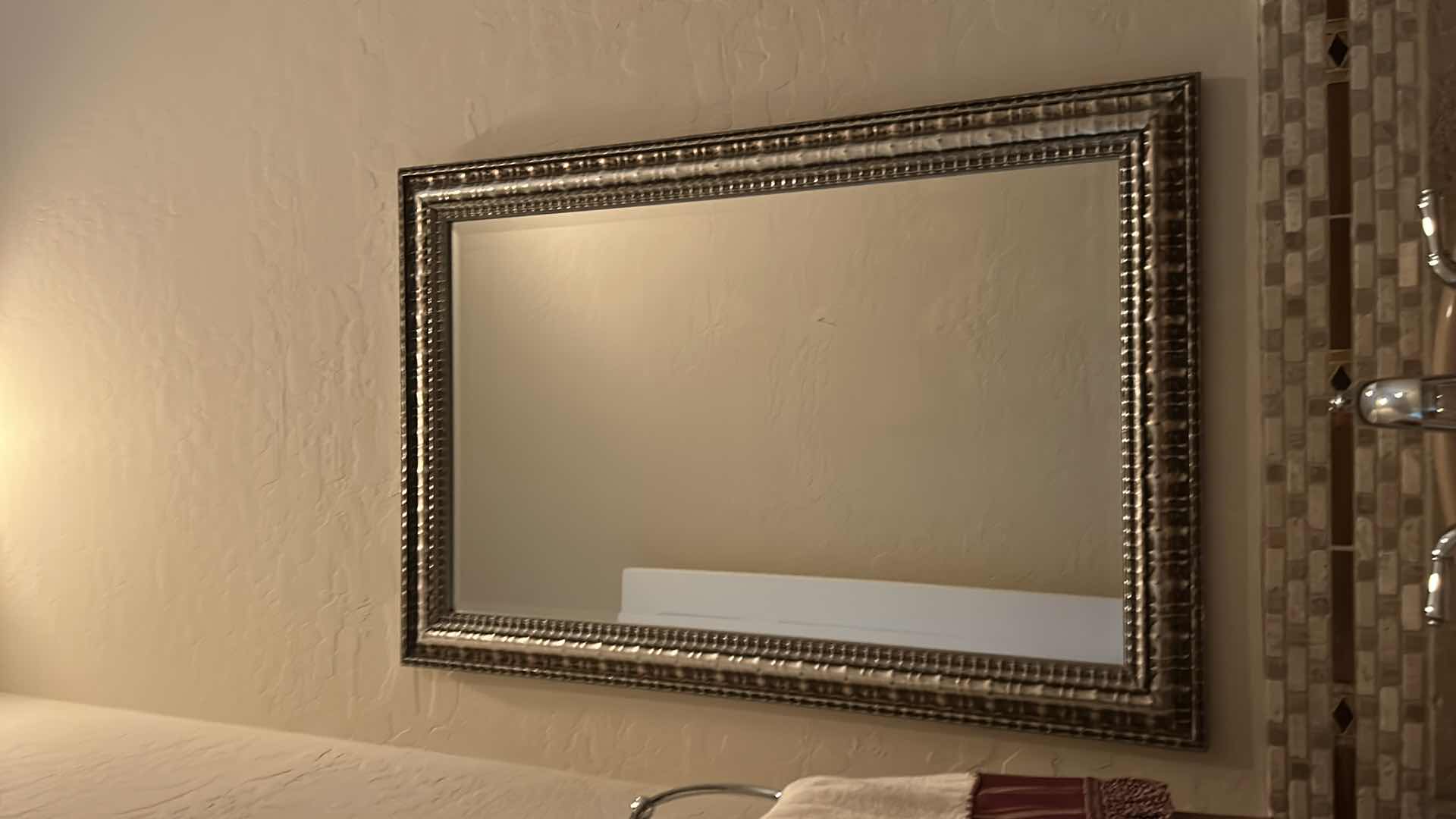Photo 1 of WOOD RECTANGULAR WALL MIRROR WITH DISTRESSED METALLIC FRAME AND BEVELED GLASS  25“ x H37“
