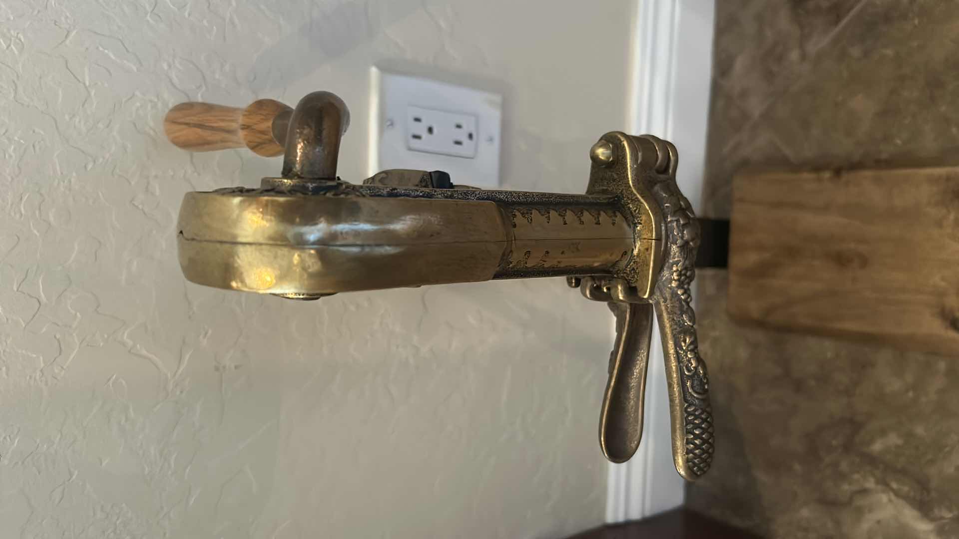 Photo 1 of VINTAGE BACCAUS TABLE TOP WINE BOTTLE OPENER MOUNTED ON ELEVATED WOOD H 23"