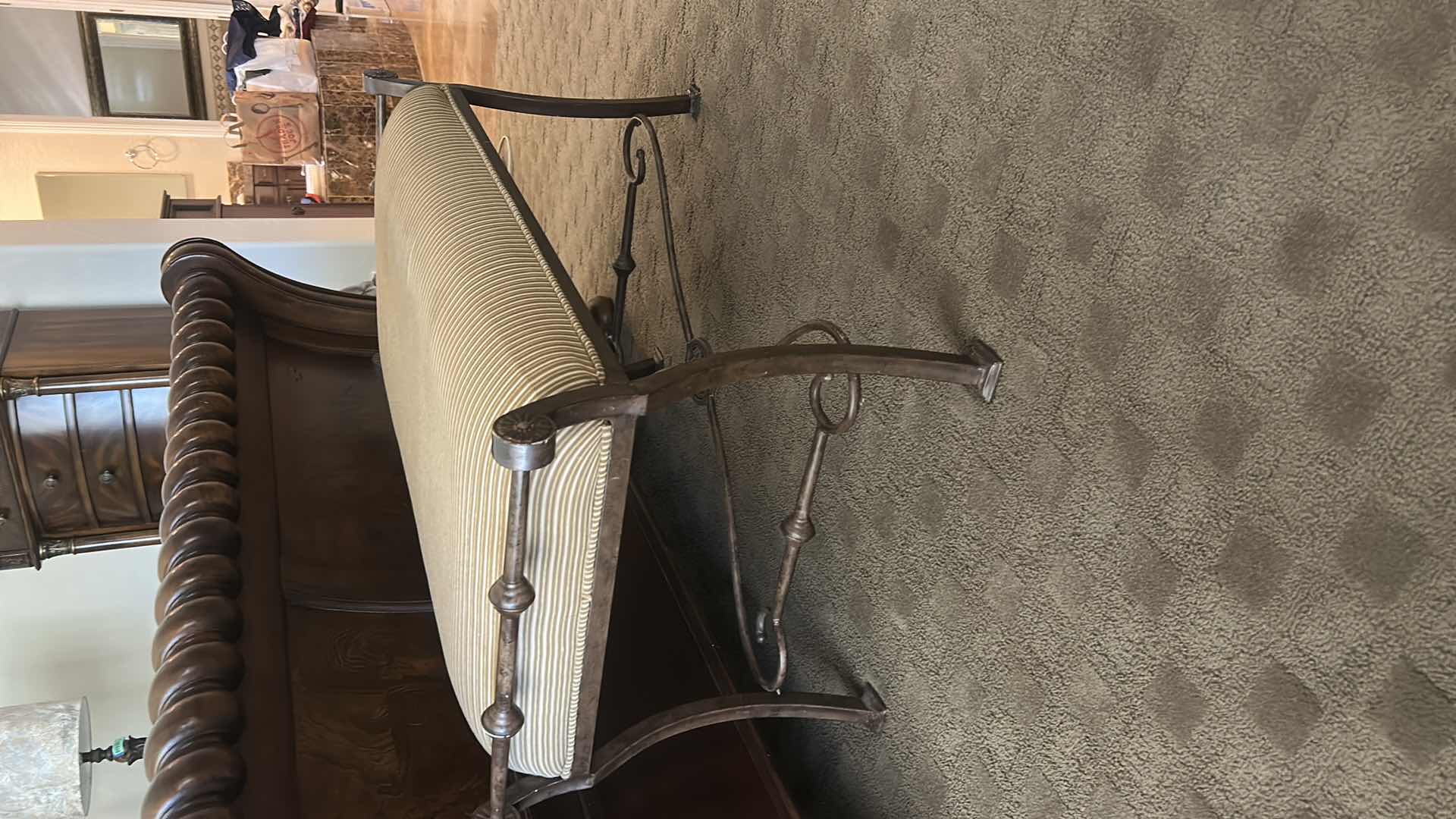 Photo 1 of METAL BENCH W BEIGE STRIPED CUSHION 43“ x 22“ x H22“