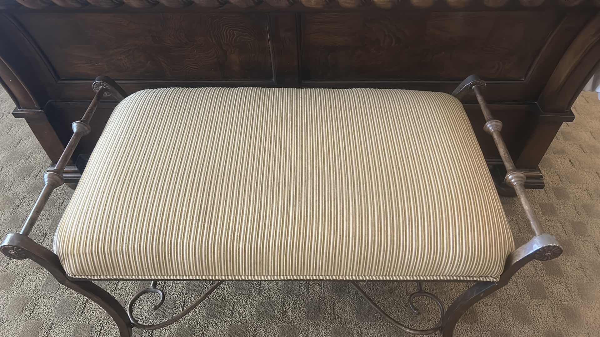 Photo 1 of METAL BENCH W BEIGE STRIPED CUSHION 43“ x 22“ x H22“