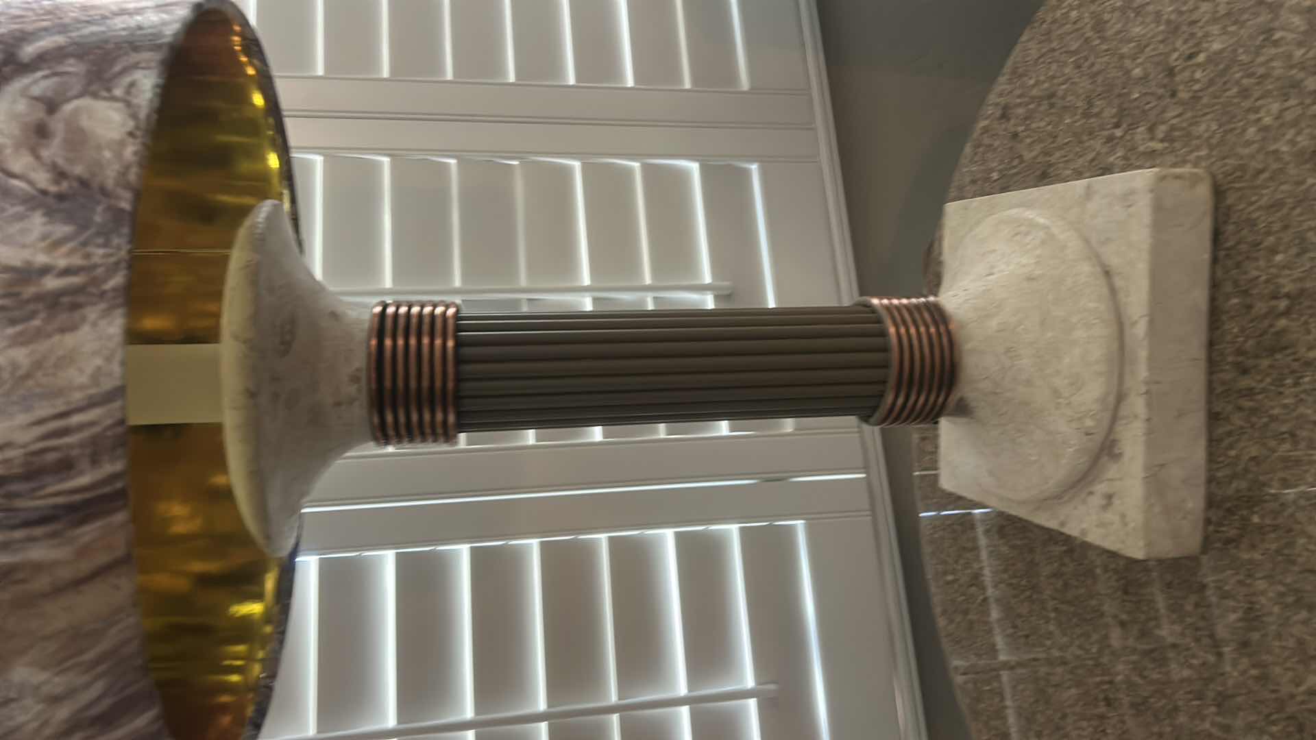 Photo 1 of HEAVY TABLE LAMP WITH STONE BASE, COPPER ACCENTS AND MULTI COLOR SHADE H3’