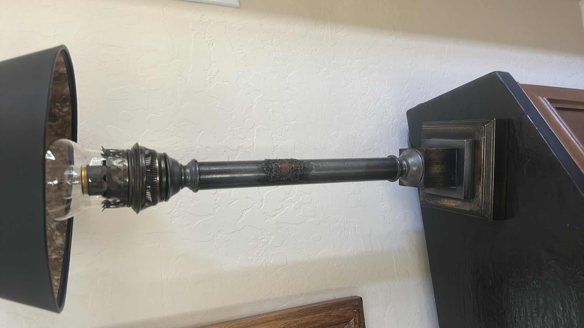 Photo 1 of FRENCH EMPIRE STYLE BLACK TABLE LAMP W TALL GLASS CHIMNEY H28”