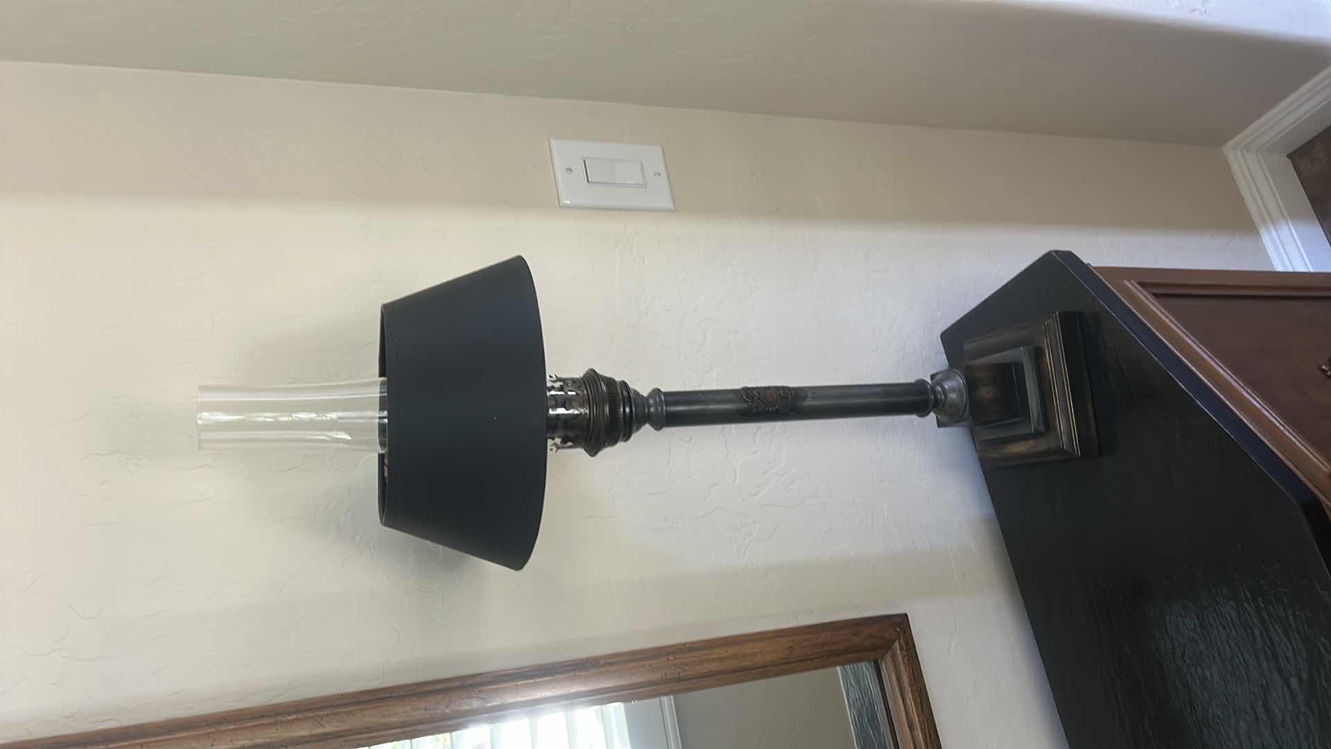 Photo 1 of FRENCH EMPIRE STYLE BLACK TABLE LAMP W TALL GLASS CHIMNEY H28”