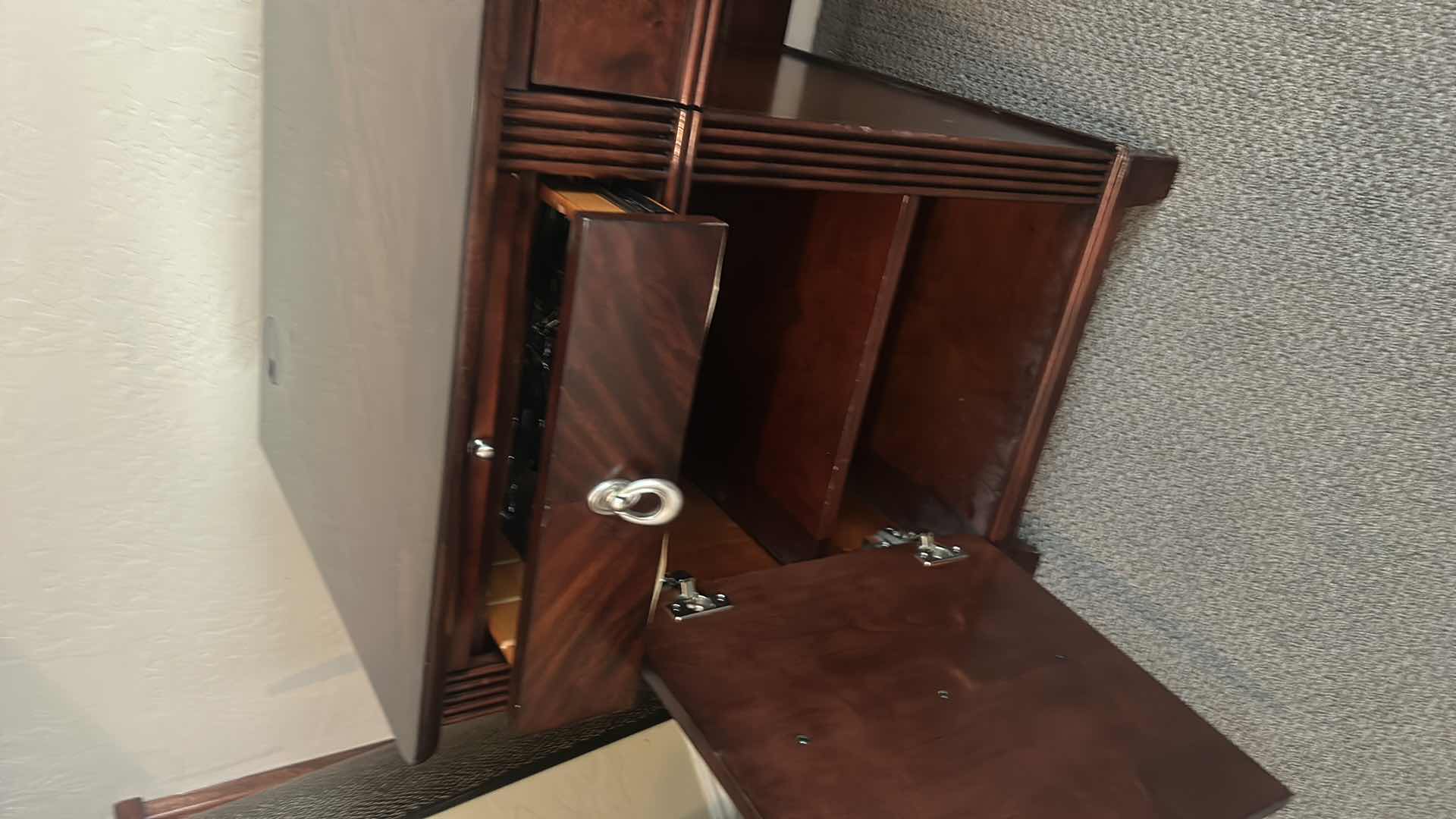 Photo 1 of WALNUT EXECUTIVE DESK WITH MATCHED VENEER, BRASS HARDWARE, KEYBOARD PULLOUT AND BUILT-IN ELECTRICAL PLUGS FOR COMPUTER EQUIPMENT 65” x 2‘ x H30“