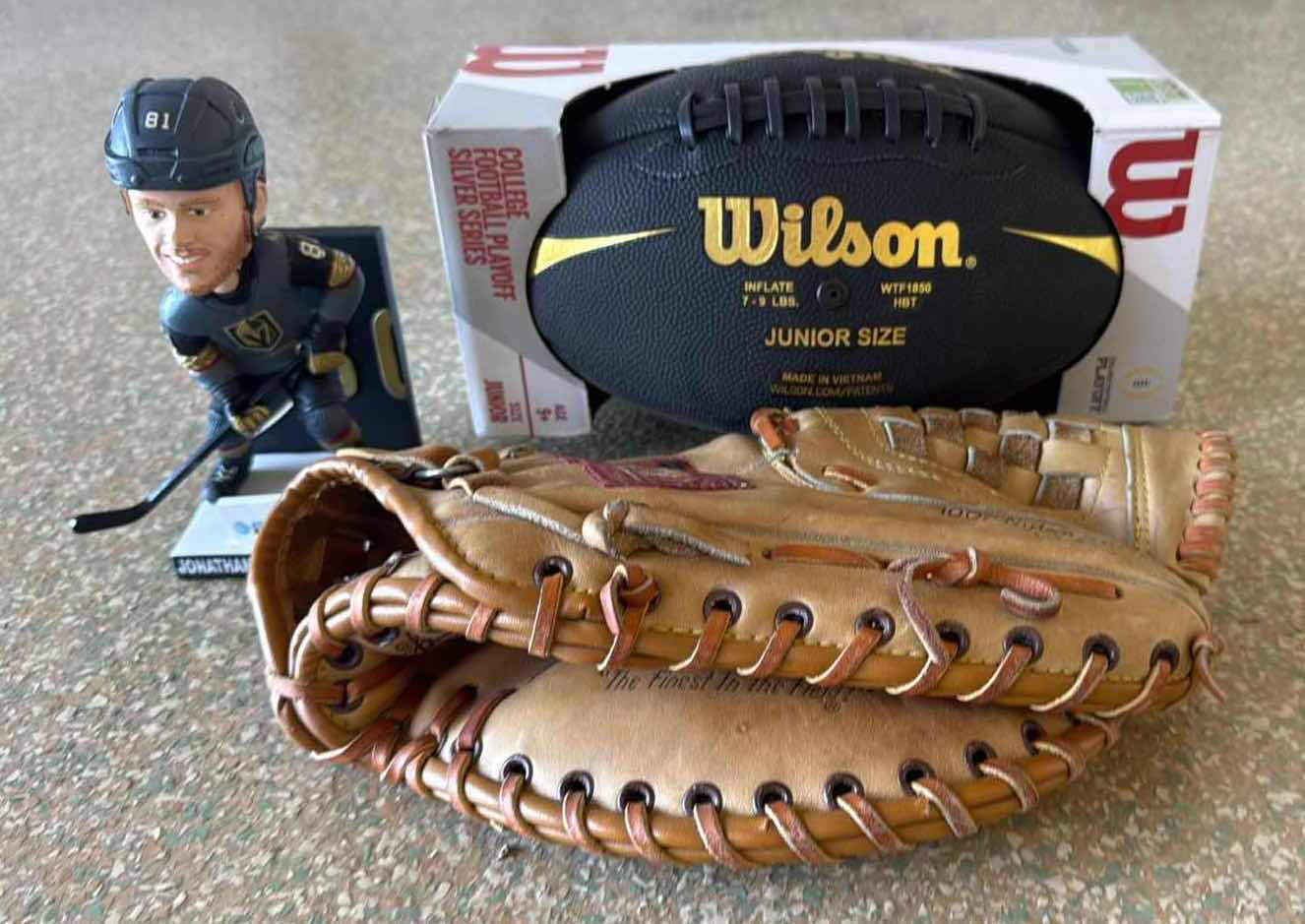 Photo 1 of JONATHAN MARCHESSAULT BOOBLE HEAD, WILSON FOOTBALL, LEATHER BASEBALL GLOVE