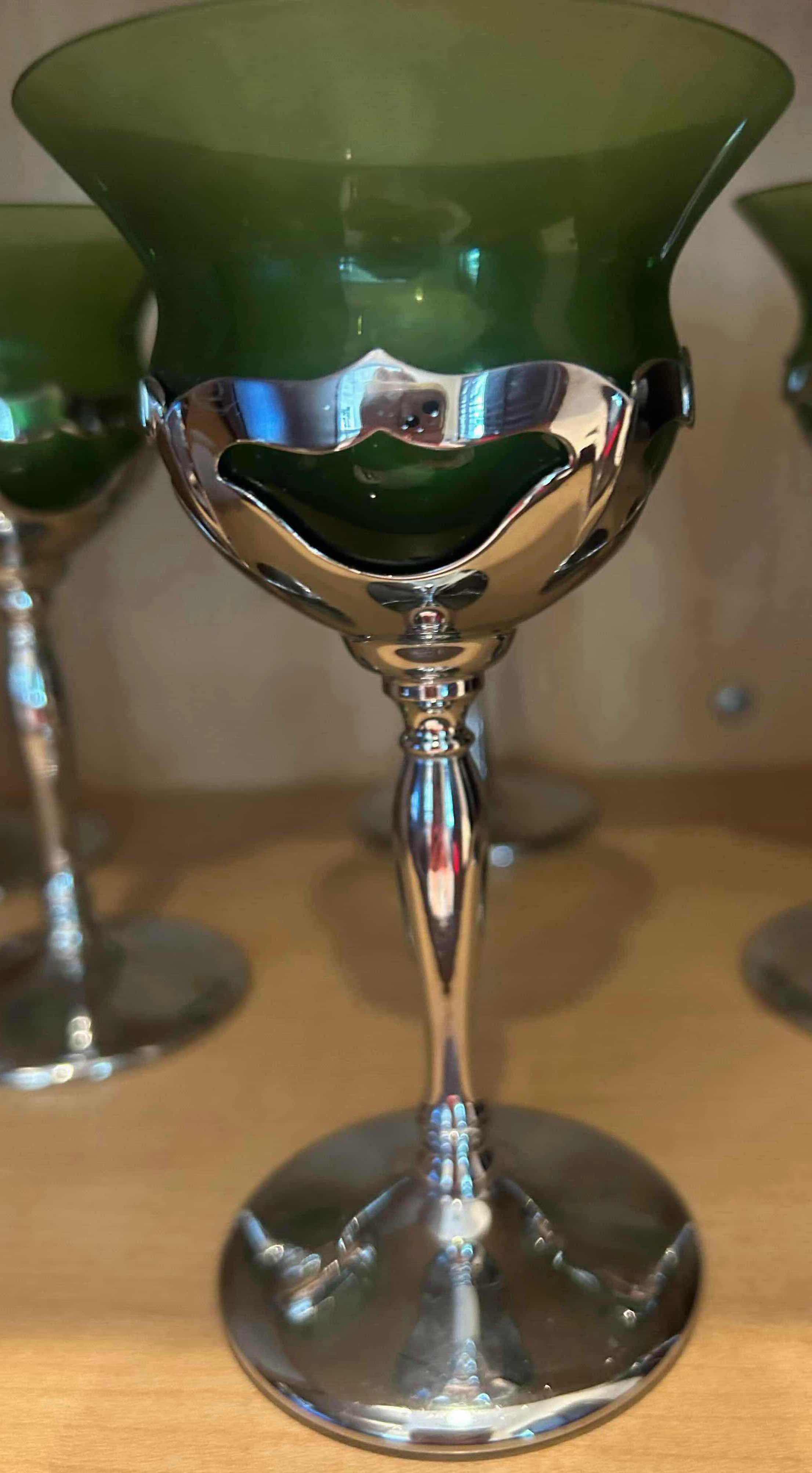 Photo 1 of 7- VINTAGE MID CENTURY MODERN FARBER BROS KROME KRAFT STEMMED GLASSES W GREEN  GLASS INSERTS H 6"
