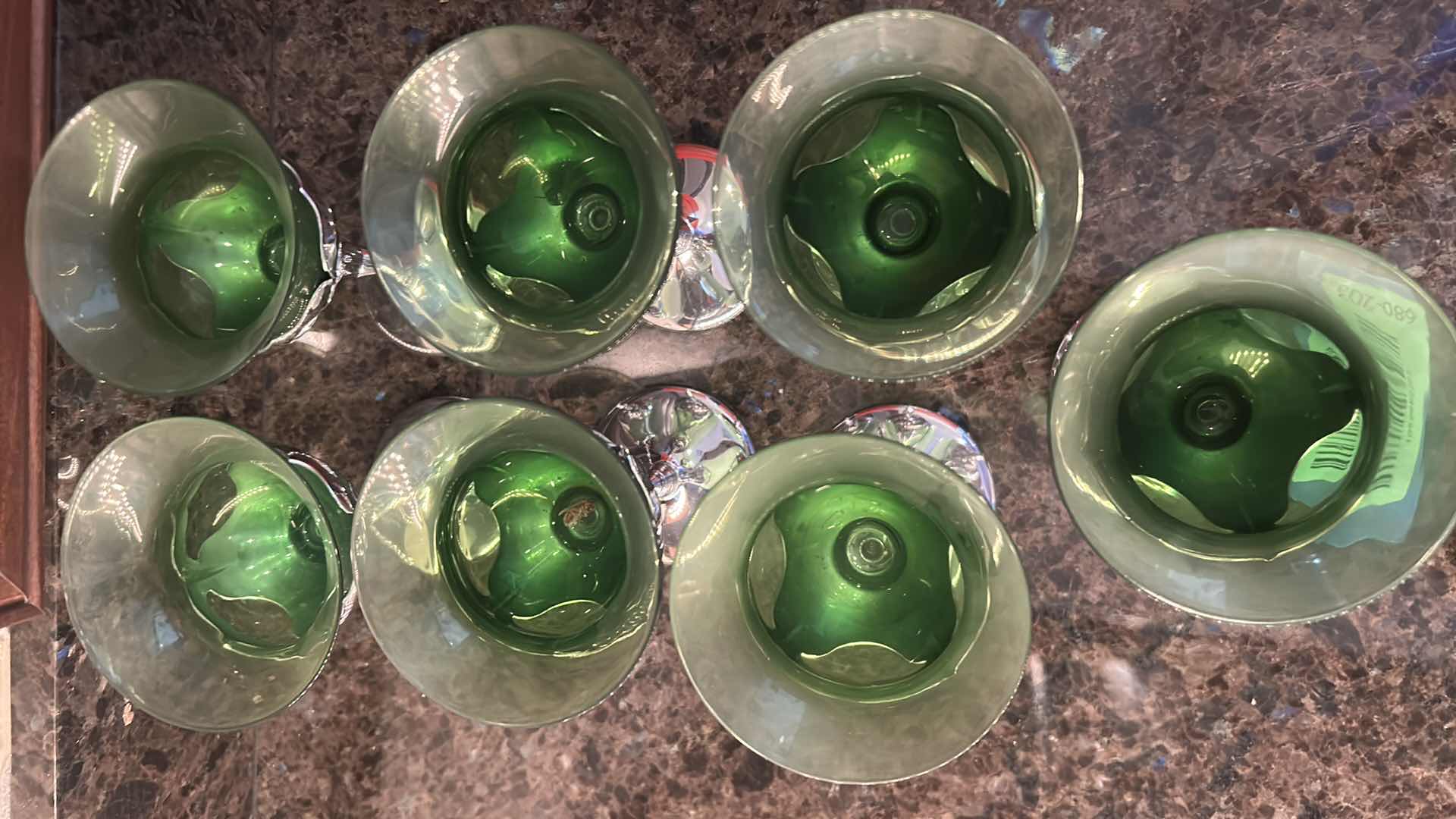Photo 1 of 7- VINTAGE MID CENTURY MODERN FARBER BROS KROME KRAFT STEMMED GLASSES W GREEN  GLASS INSERTS H 6"