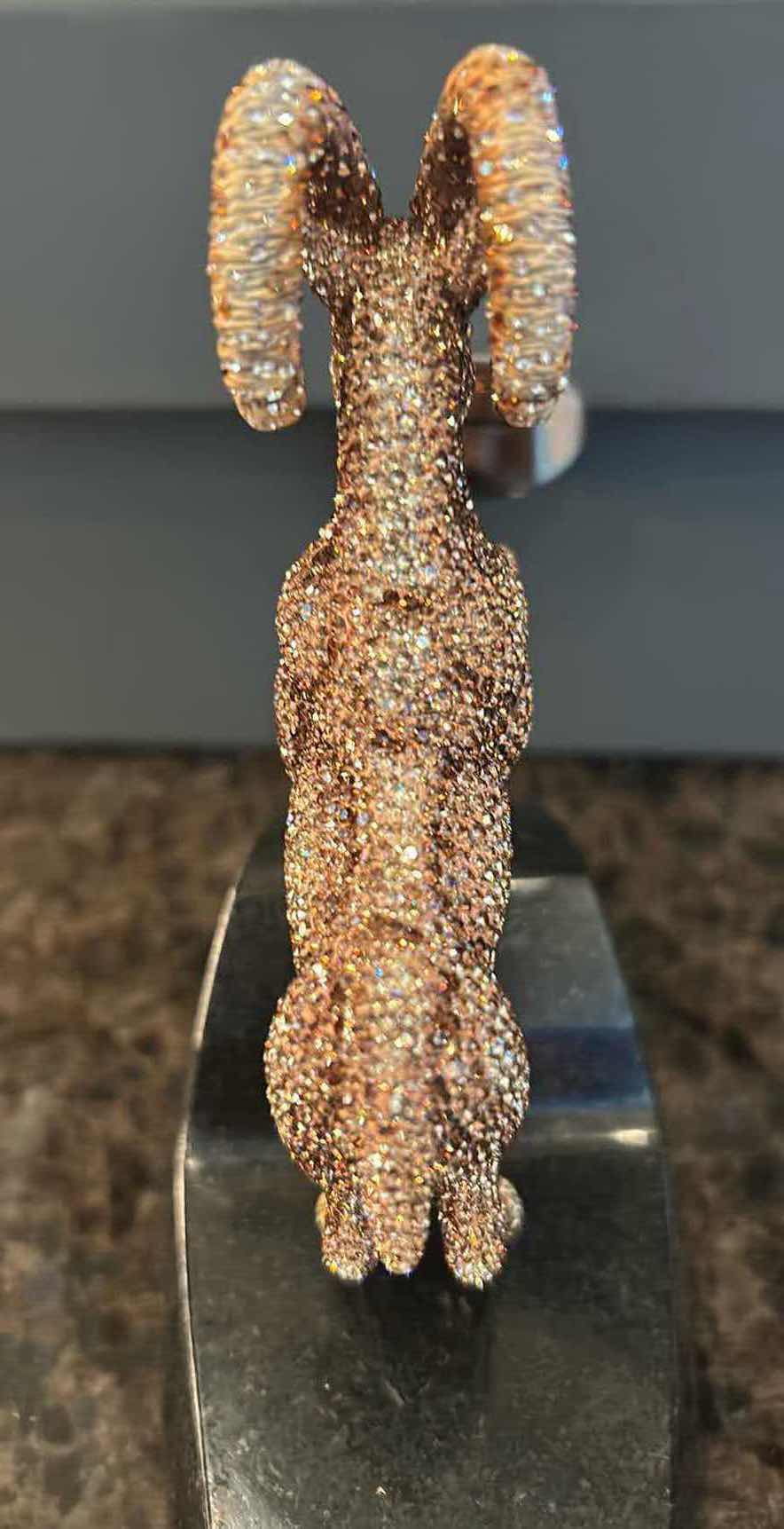 Photo 1 of SWAROVSKI CRYSTAL ENCRUSTED RAM MOUNTED ON BLACK STONE H  5" IN ORIGINAL BOX