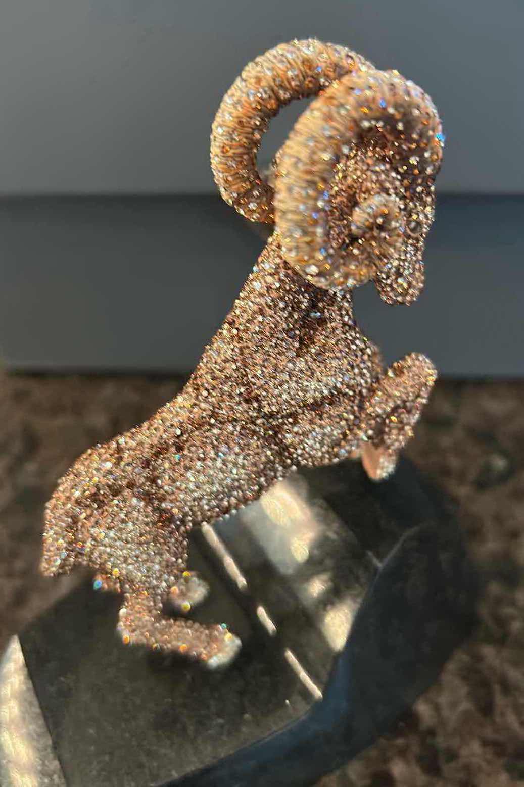 Photo 1 of SWAROVSKI CRYSTAL ENCRUSTED RAM MOUNTED ON BLACK STONE H  5" IN ORIGINAL BOX
