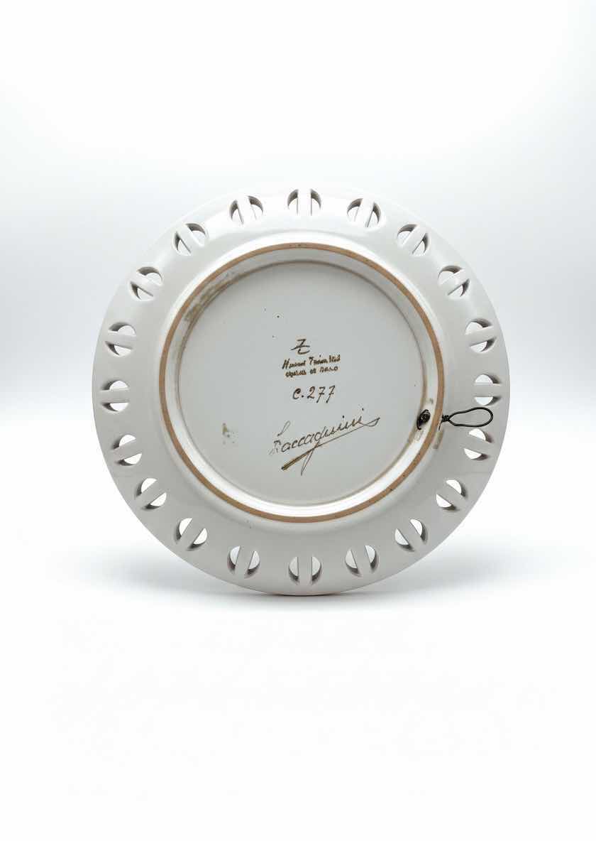 Photo 1 of 13” ROUND VINTAGE HAND-PAINTED ITALIAN RETICULATED EDGE CERAMIC DISPLAY PLATE- SIGNED BY UGO ZACCAGNINI