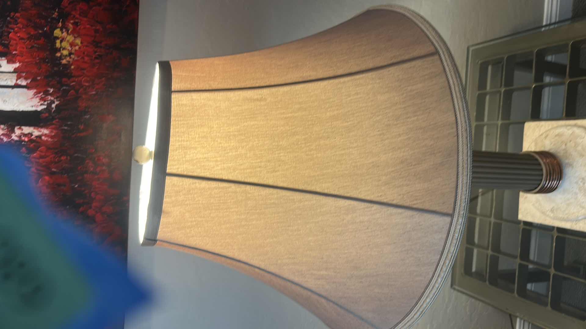 Photo 1 of HEAVY TABLE LAMP WITH STONE BASE, COPPER ACCENTS AND TAN SHADE H36”