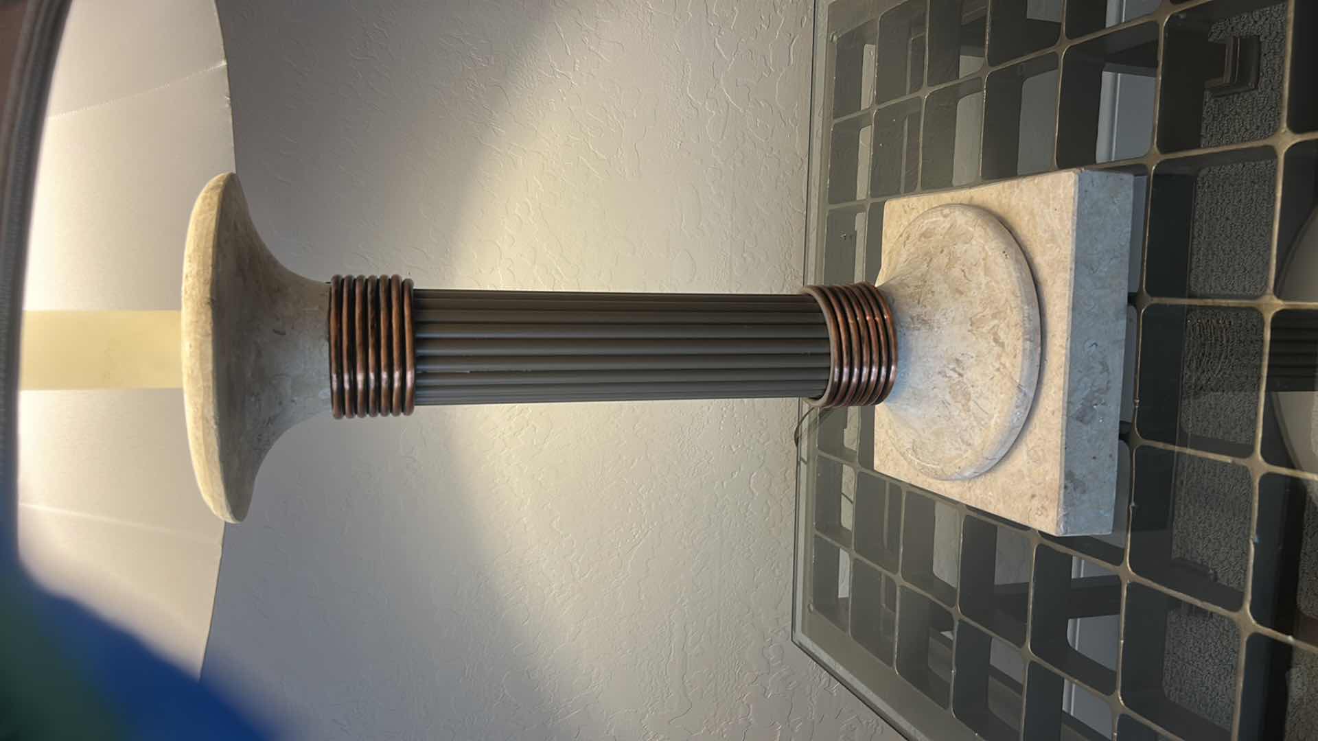 Photo 1 of HEAVY TABLE LAMP WITH STONE BASE, COPPER ACCENTS AND TAN SHADE H36”
