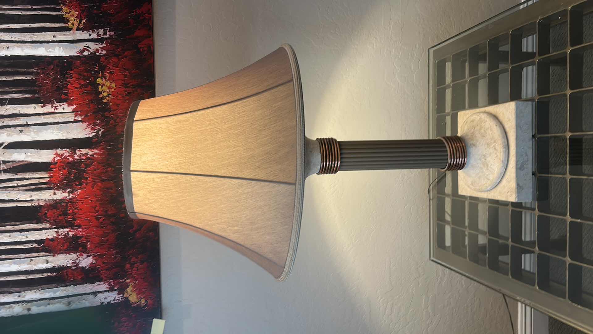 Photo 1 of HEAVY TABLE LAMP WITH STONE BASE, COPPER ACCENTS AND TAN SHADE H36”