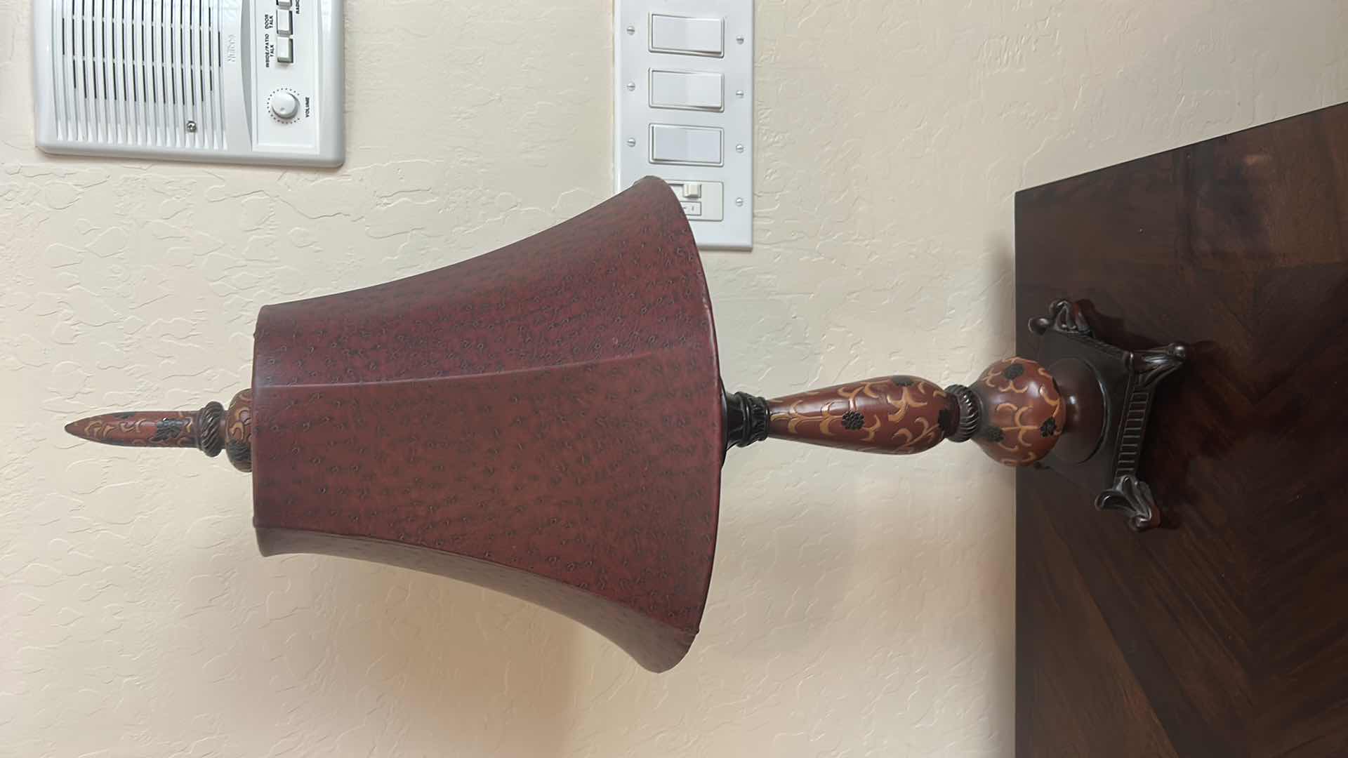 Photo 1 of DECORATIVE TABLE LAMP WITH RED TEXTURED SHADE AND ORNATE BASE H28”