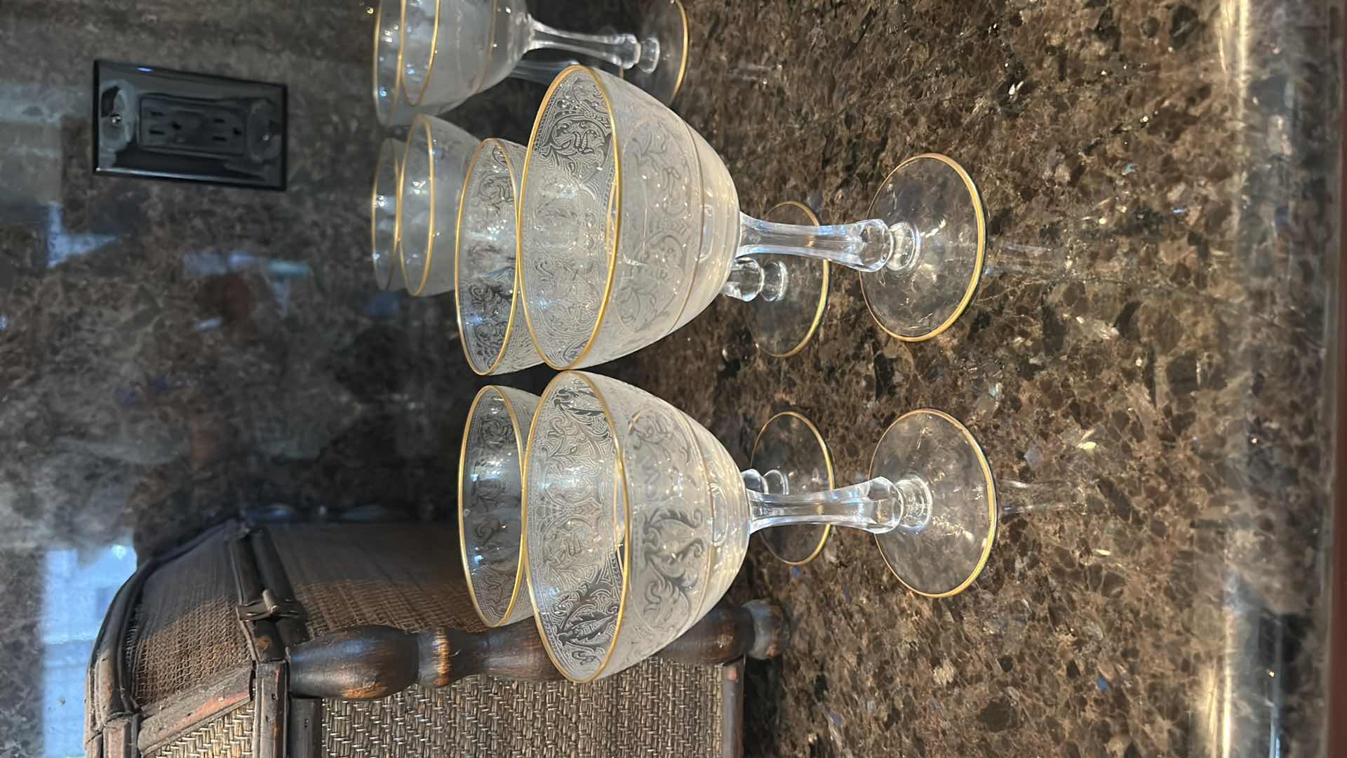 Photo 1 of 4-GLASTONBURY LOTUS COCKTAIL GLASSES W BROCADE GOLD PATTERN. 22K GOLD TIPPED