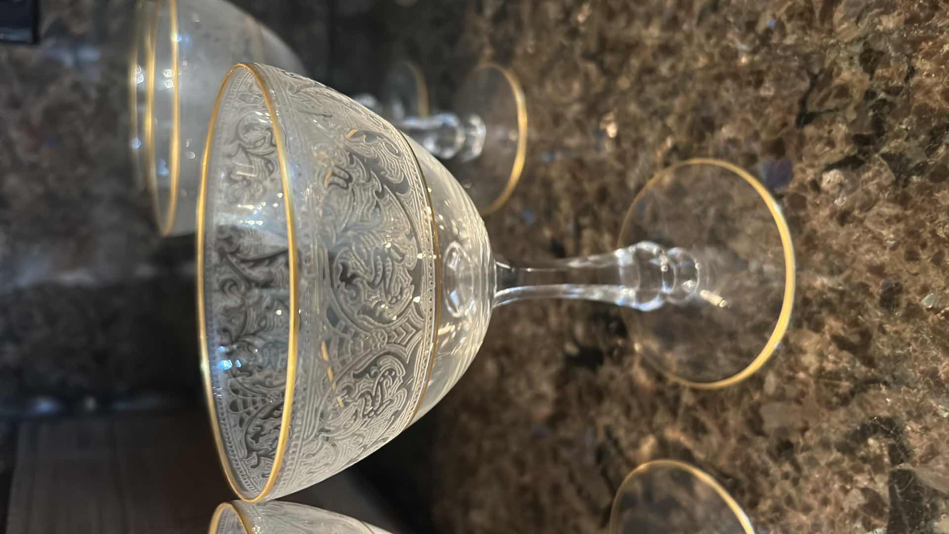 Photo 1 of 4-GLASTONBURY LOTUS COCKTAIL GLASSES W BROCADE GOLD PATTERN. 22K GOLD TIPPED