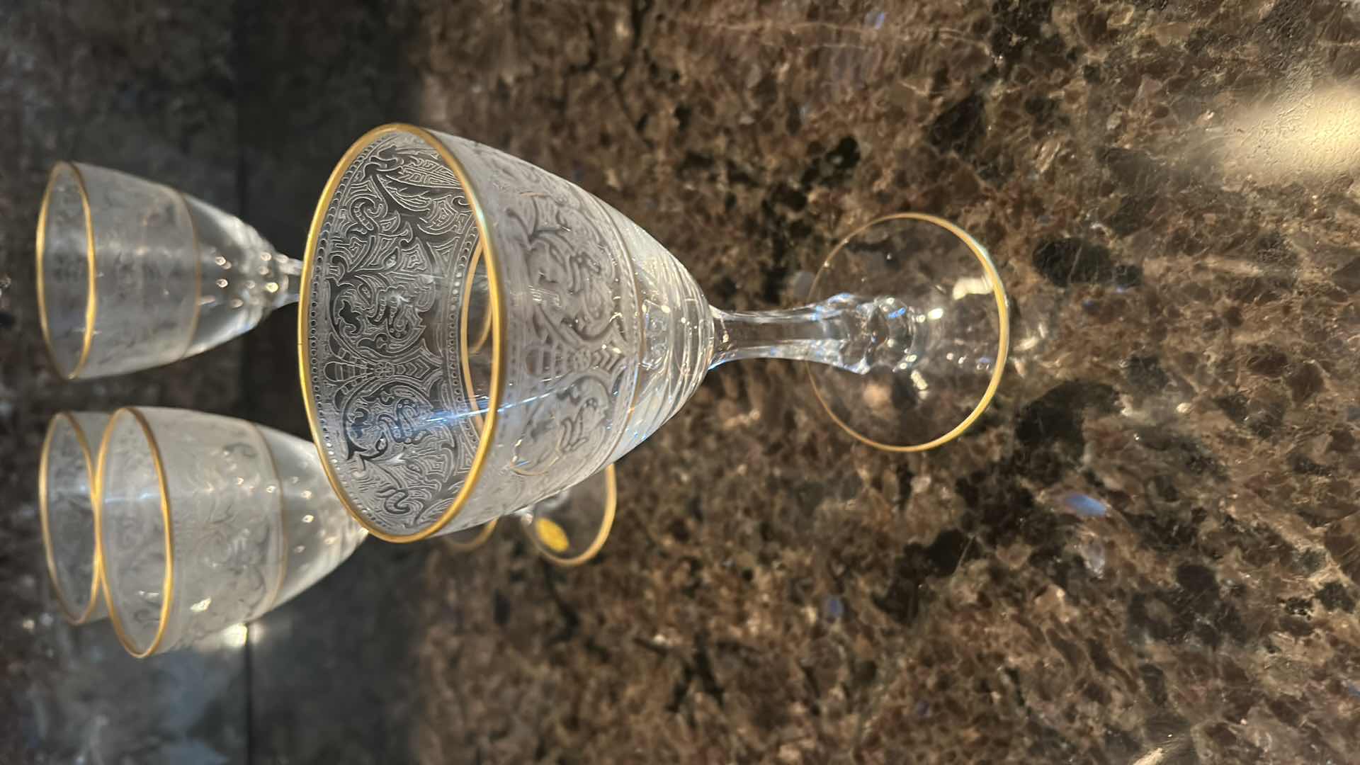 Photo 1 of 4-GLASTONBURY LOTUS WINE GLASS-BROCADE GOLD PATTERN