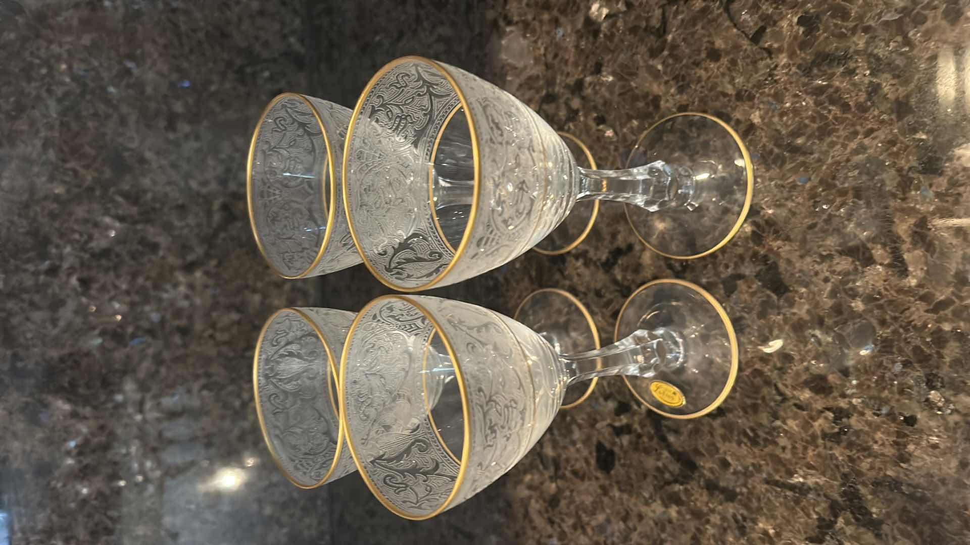 Photo 1 of 4-GLASTONBURY LOTUS WINE GLASS-BROCADE GOLD PATTERN