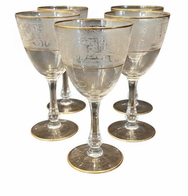 Photo 1 of 5- GLASTONBURY LOTUS WATER GLASSES W BROCADE GOLD PATTERN. 22K GOLD TIPPED