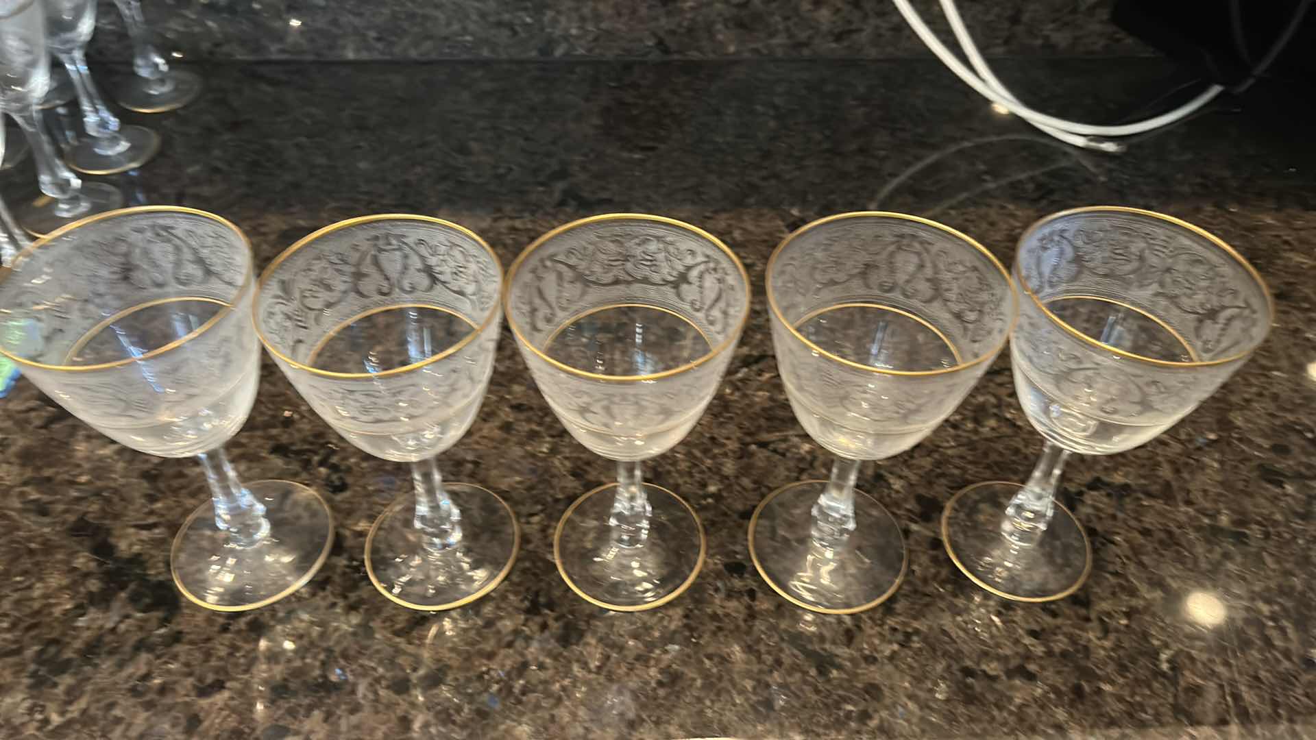 Photo 1 of 5- GLASTONBURY LOTUS WATER GLASSES W BROCADE GOLD PATTERN. 22K GOLD TIPPED