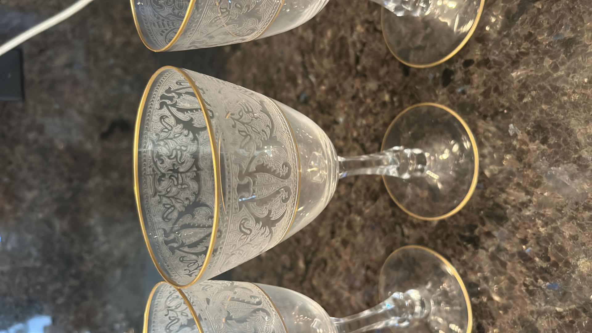 Photo 1 of 5- GLASTONBURY LOTUS WATER GLASSES W BROCADE GOLD PATTERN. 22K GOLD TIPPED