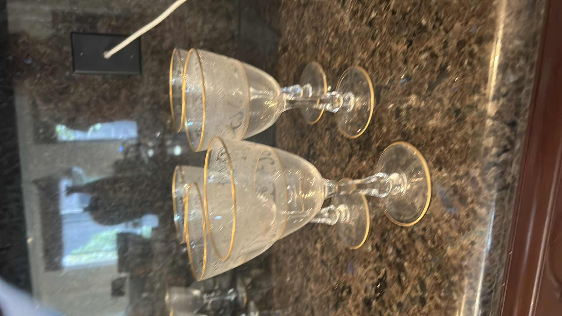 Photo 1 of 5- GLASTONBURY LOTUS WATER GLASSES W BROCADE GOLD PATTERN. 22K GOLD TIPPED