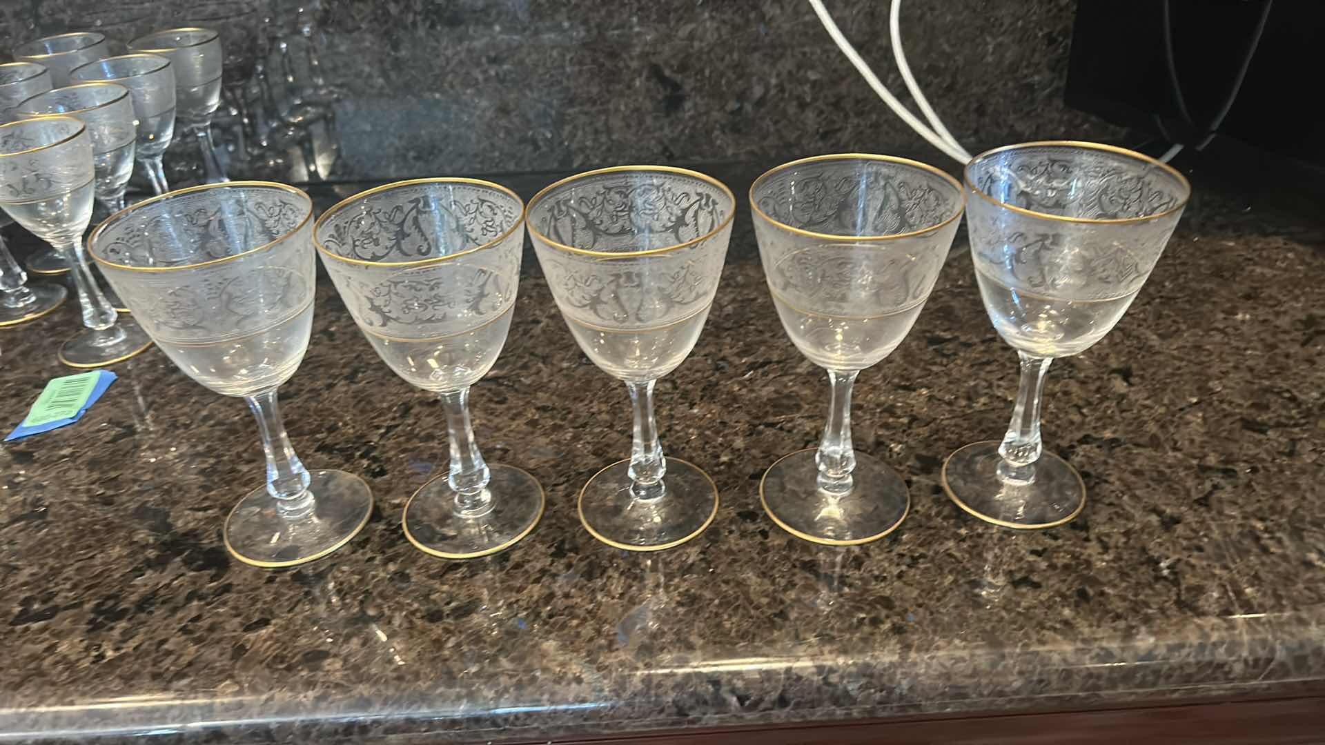 Photo 1 of 5- GLASTONBURY LOTUS WATER GLASSES W BROCADE GOLD PATTERN. 22K GOLD TIPPED