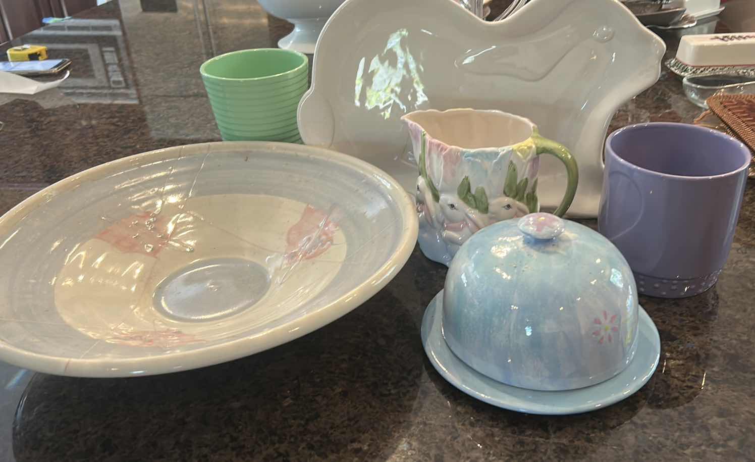 Photo 1 of CERAMIC PLATTERS, LIDDED CHEESE DISH, PASTEL POTS AND PITCHER