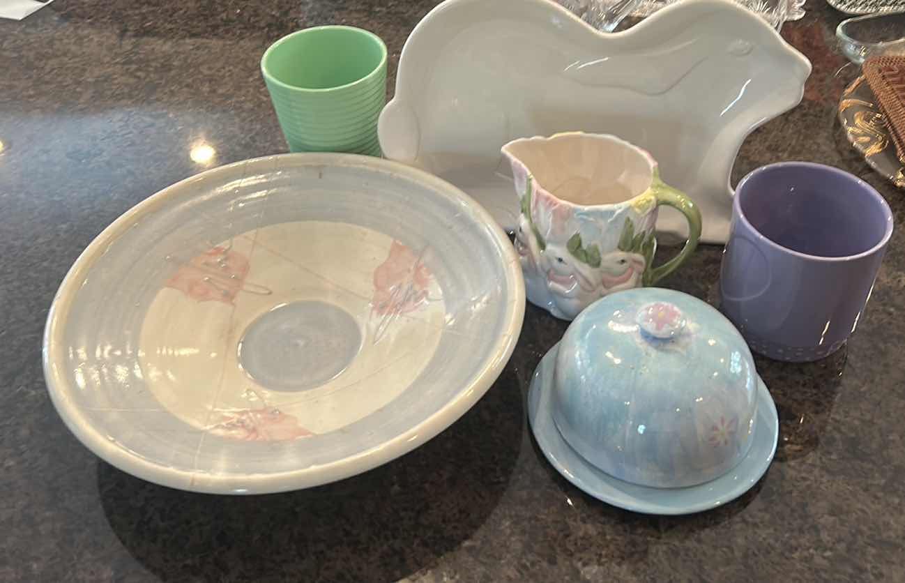 Photo 1 of CERAMIC PLATTERS, LIDDED CHEESE DISH, PASTEL POTS AND PITCHER