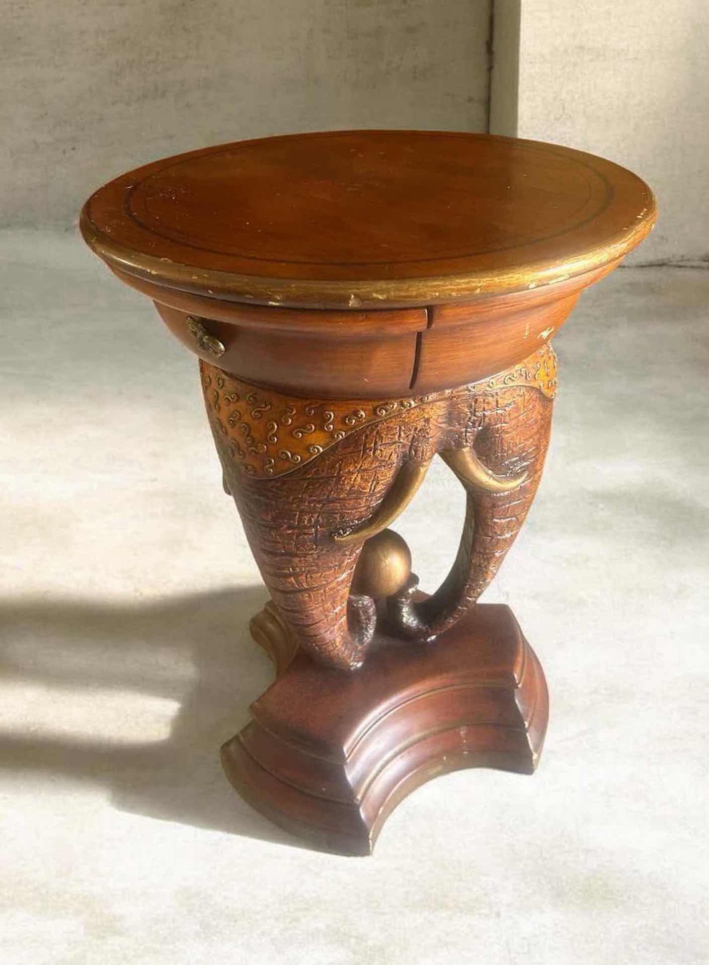 Photo 1 of EXOTIC ELEPHANT SIDE TABLE W ROUND TOP GOLD TRIM BASE DETAILED ELEPHANT TUSKS H 24"